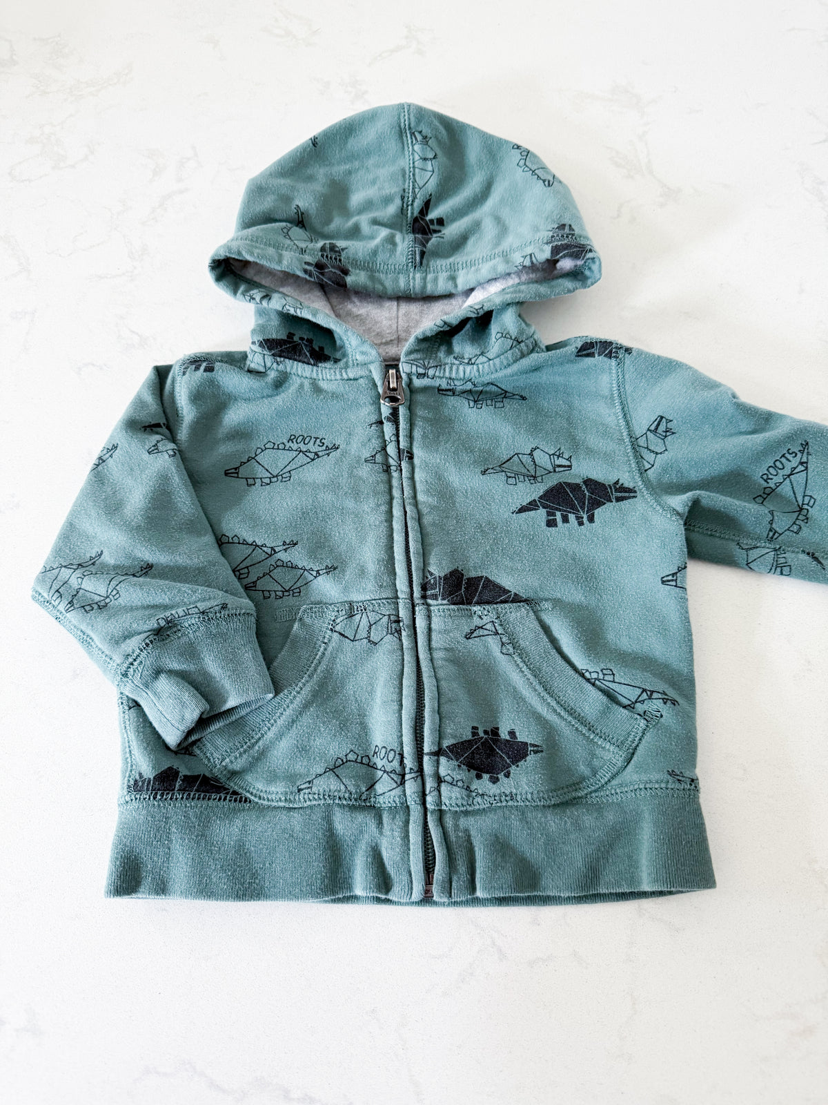 Roots- 6-12m- PLAY- green zip up geometric Dino hoodie
