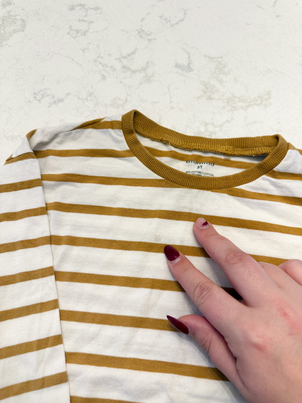 Blumind- 3T- PLAY- mustard yellow and white striped long sleeve shirt with treasure pocket