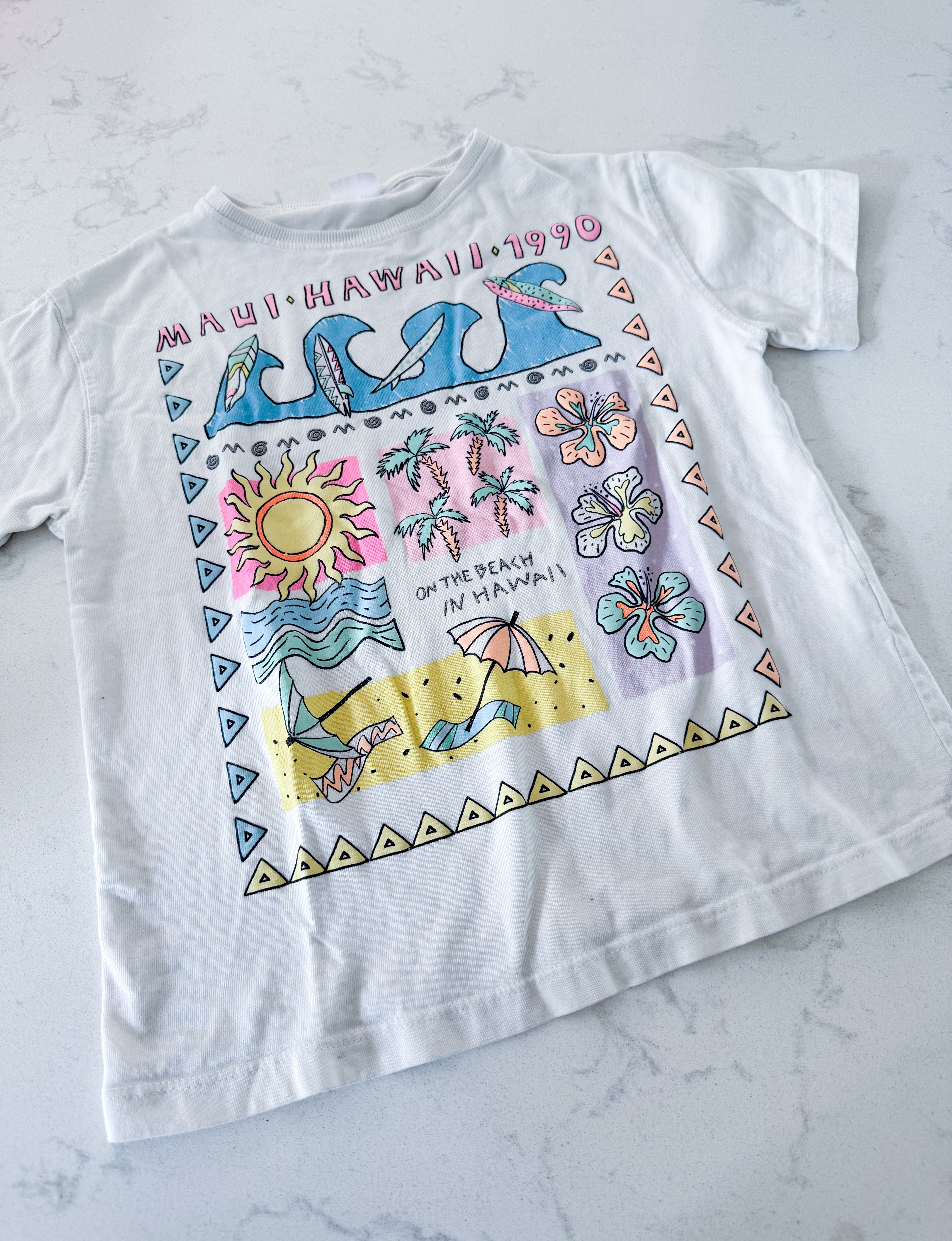 Zara- 8-9Y- PLAY- white t shirt with neon vacation graphics