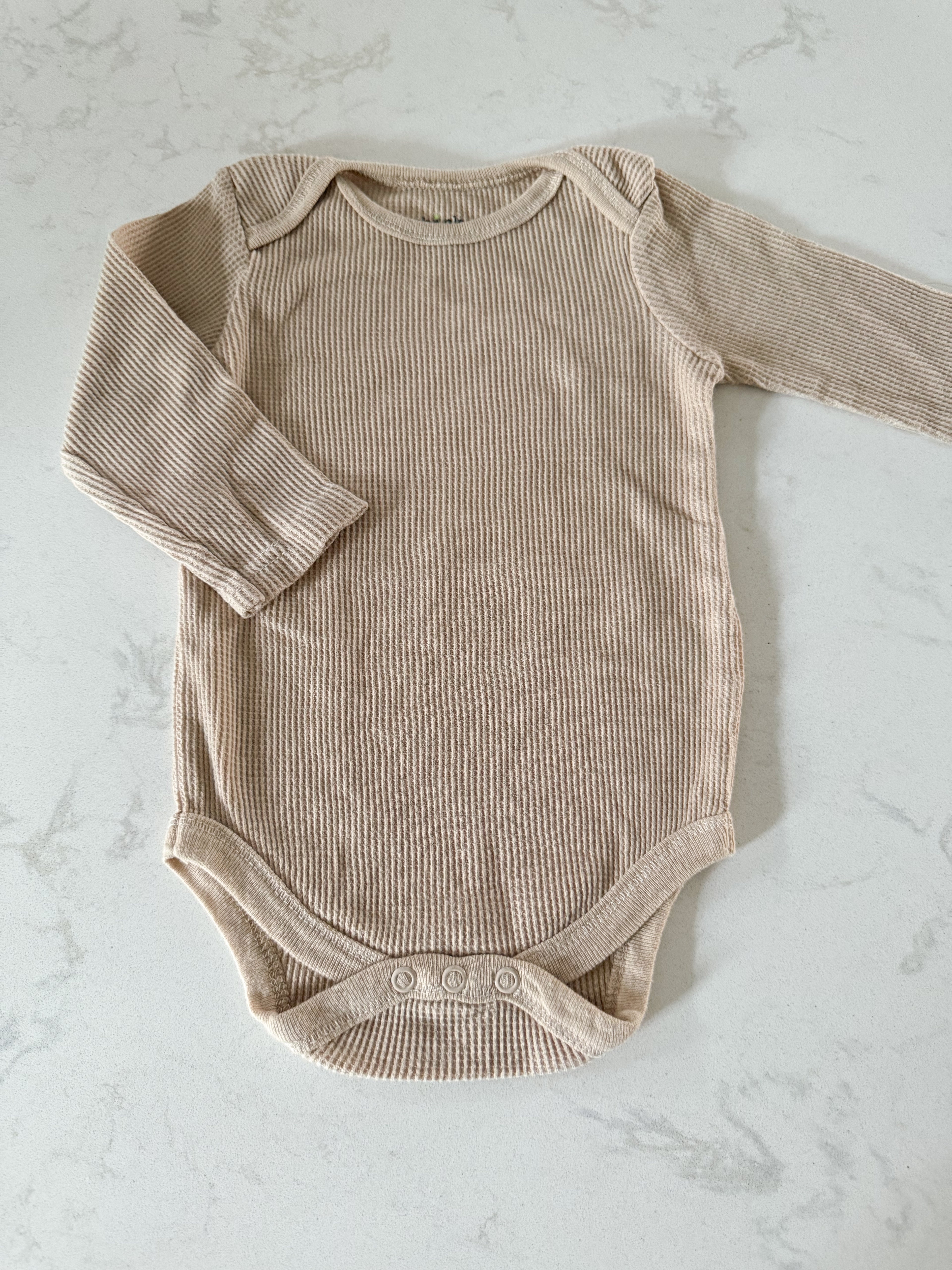 Chick Pea- 6-9m- GUC- beige waffle knit bodysuit