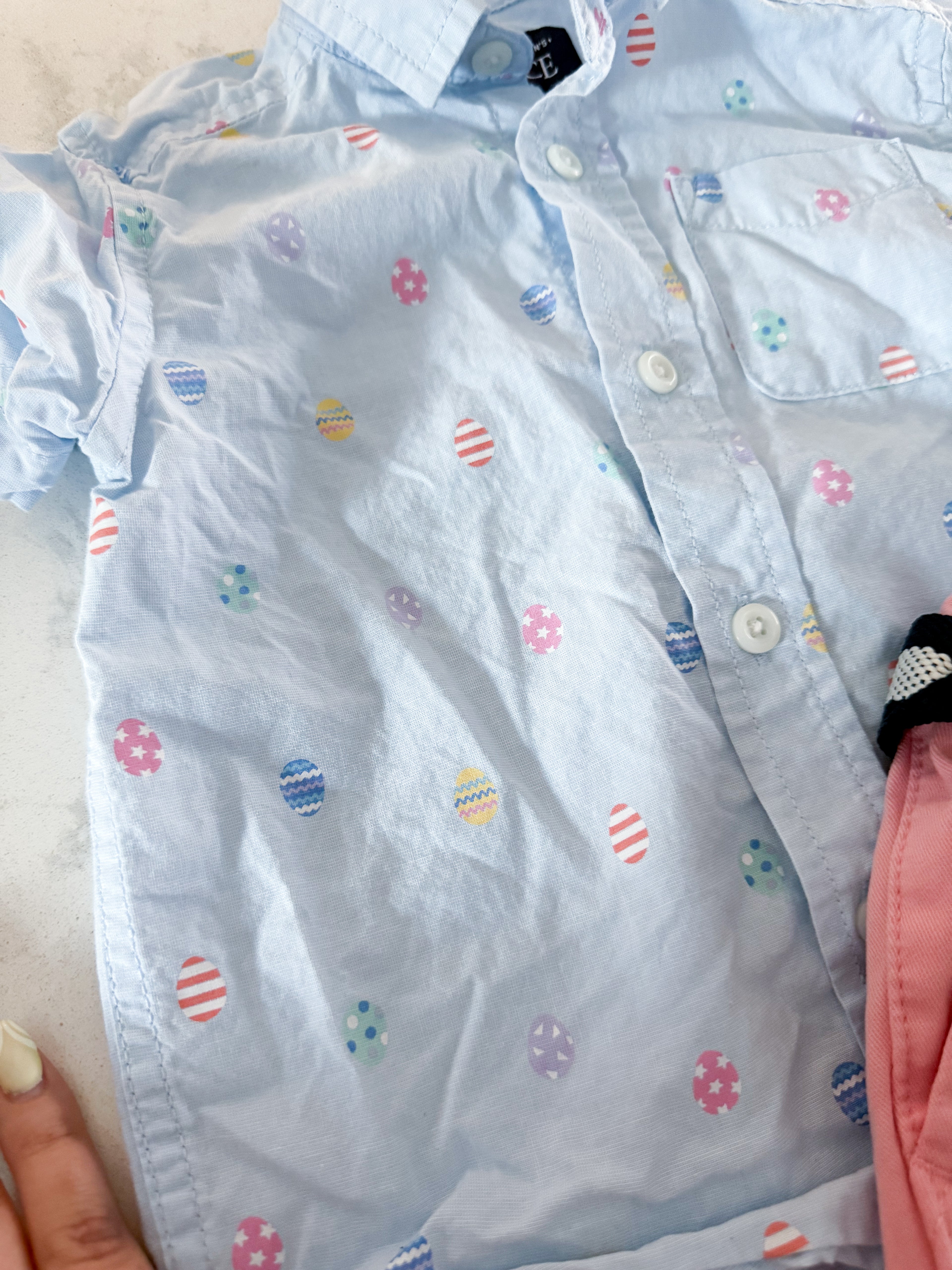 The Children’s Place- 12-18m- VGUC- two piece Easter set with egg dress shirt and pink shorts