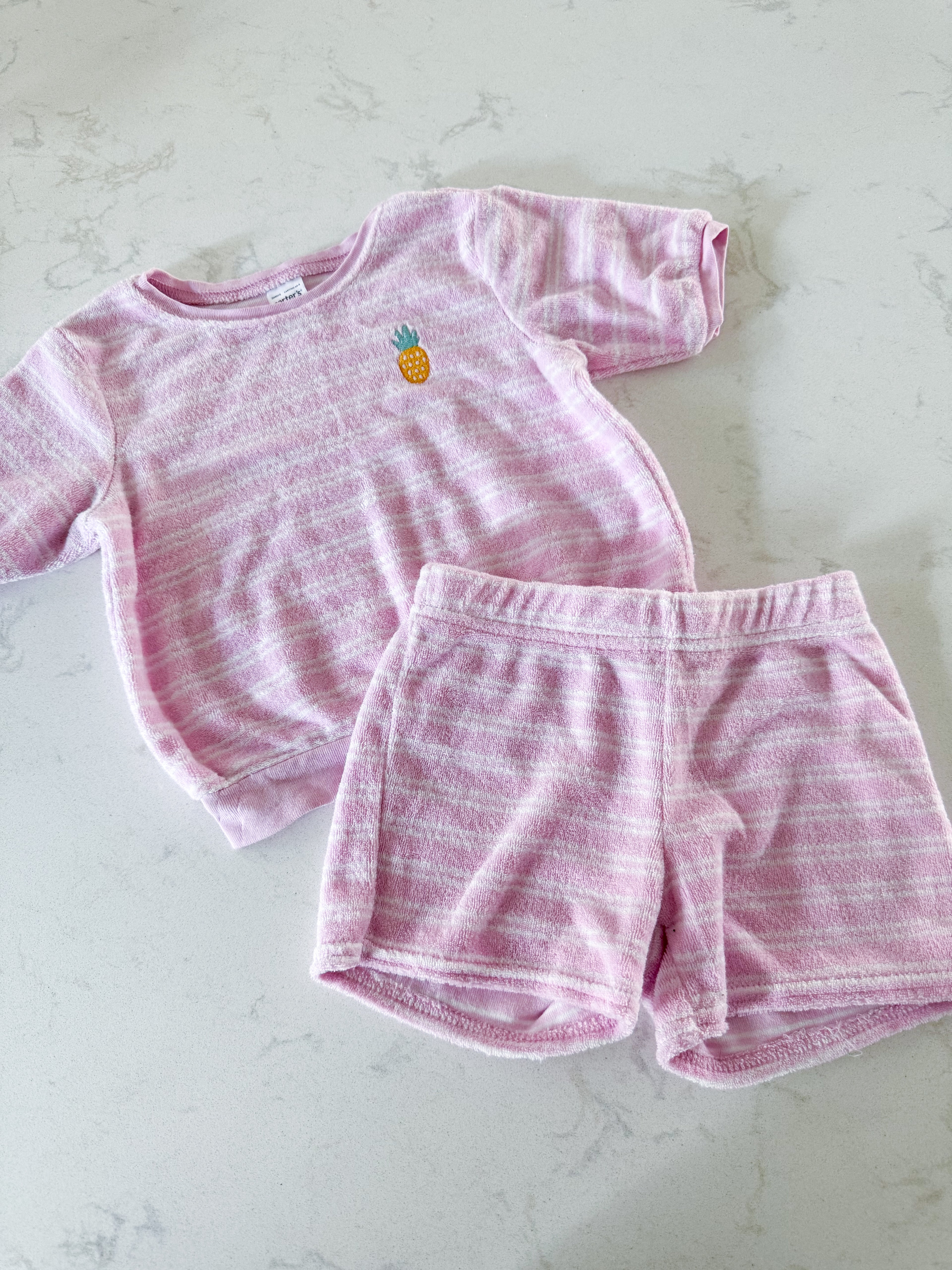 Carters- 2T- VGUC- pink and white striped terry towel lines set with embroidered pineapple