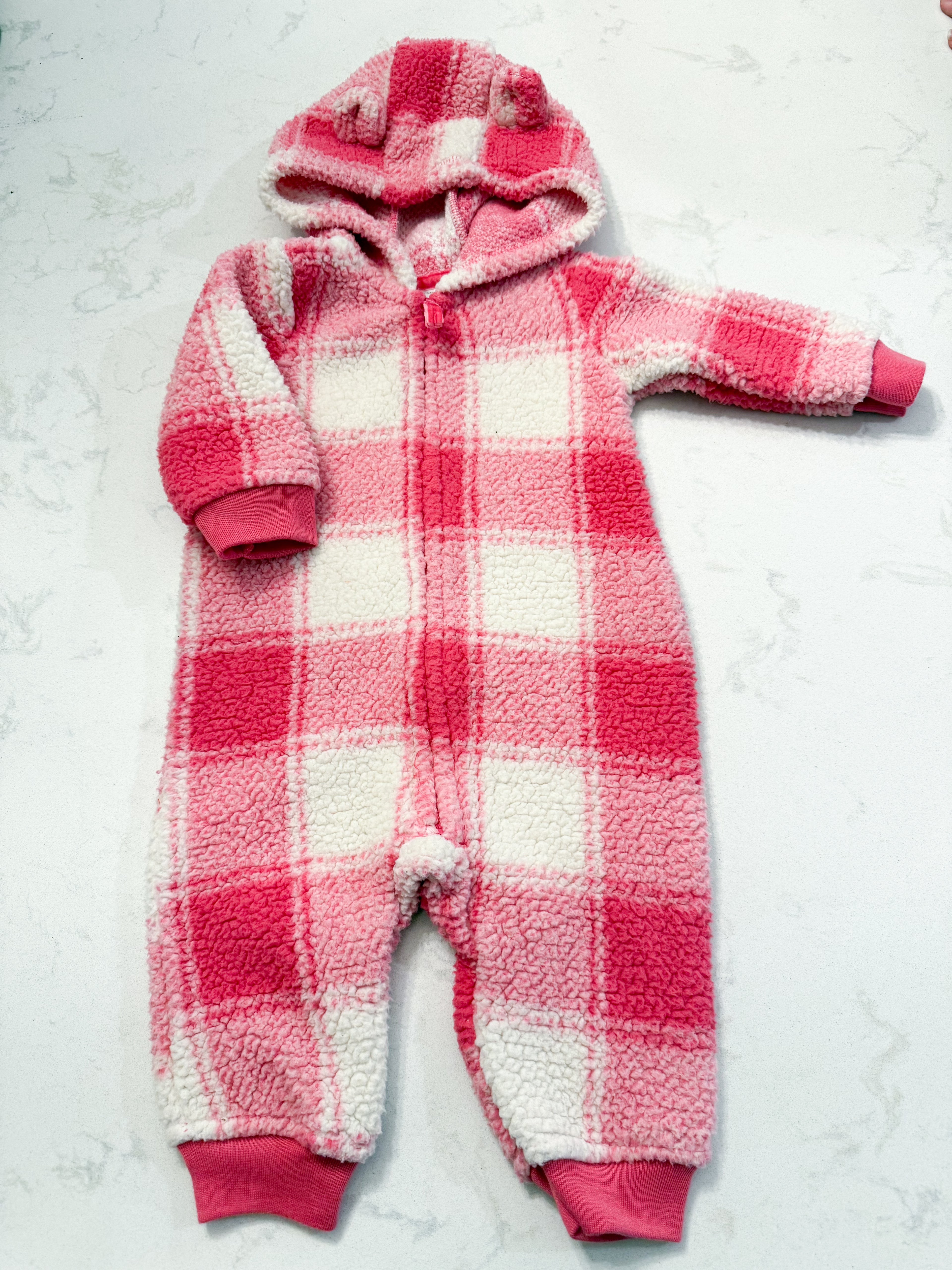 Carters- 6m- VGUC- bright pink and white plaid bunting suit