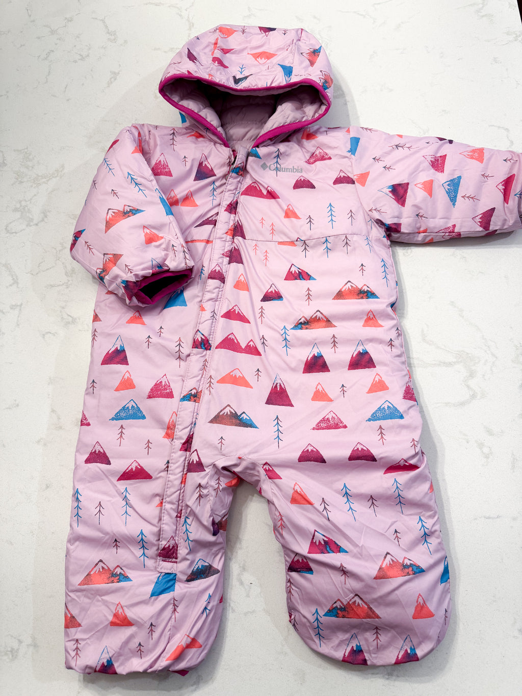 Columbia- 6-12m- PLAY- reversible puffer pink bunting suit