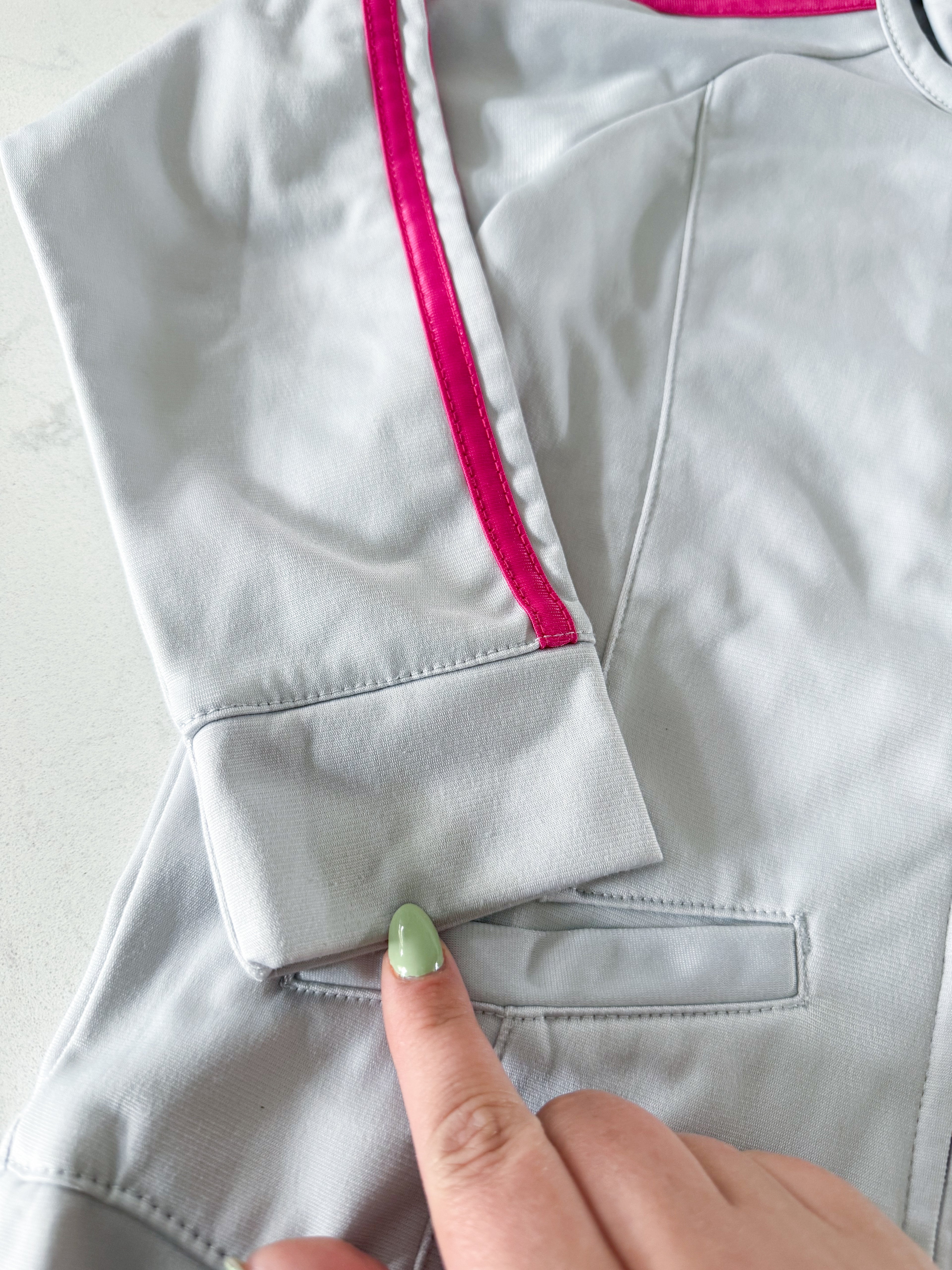 Adidas- fits 7/8Y- PLAY- light grey pink accented two piece track suit