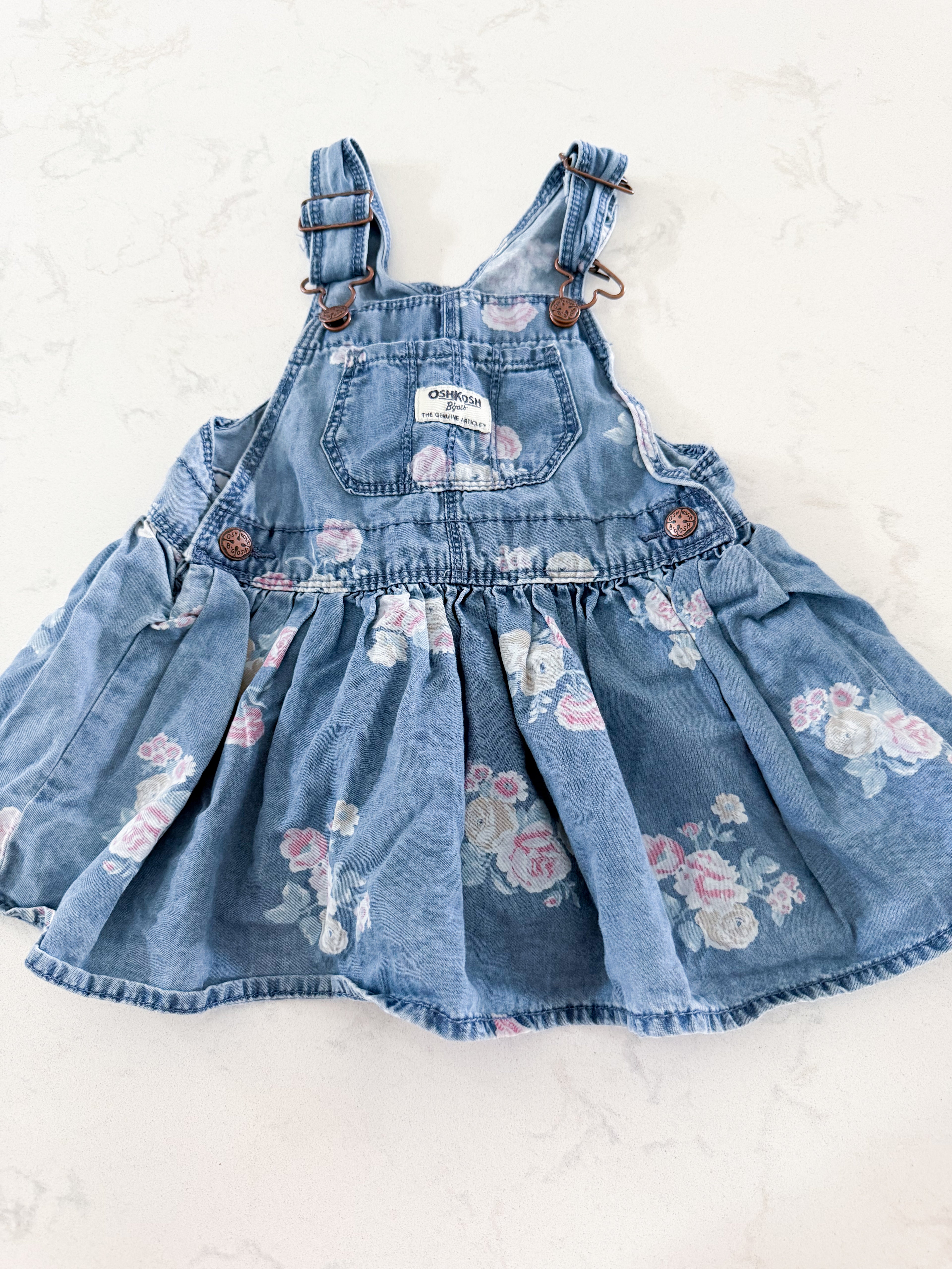 Oshkosh- 12-18m- GUC- thin Jean look overalls with floral pattern