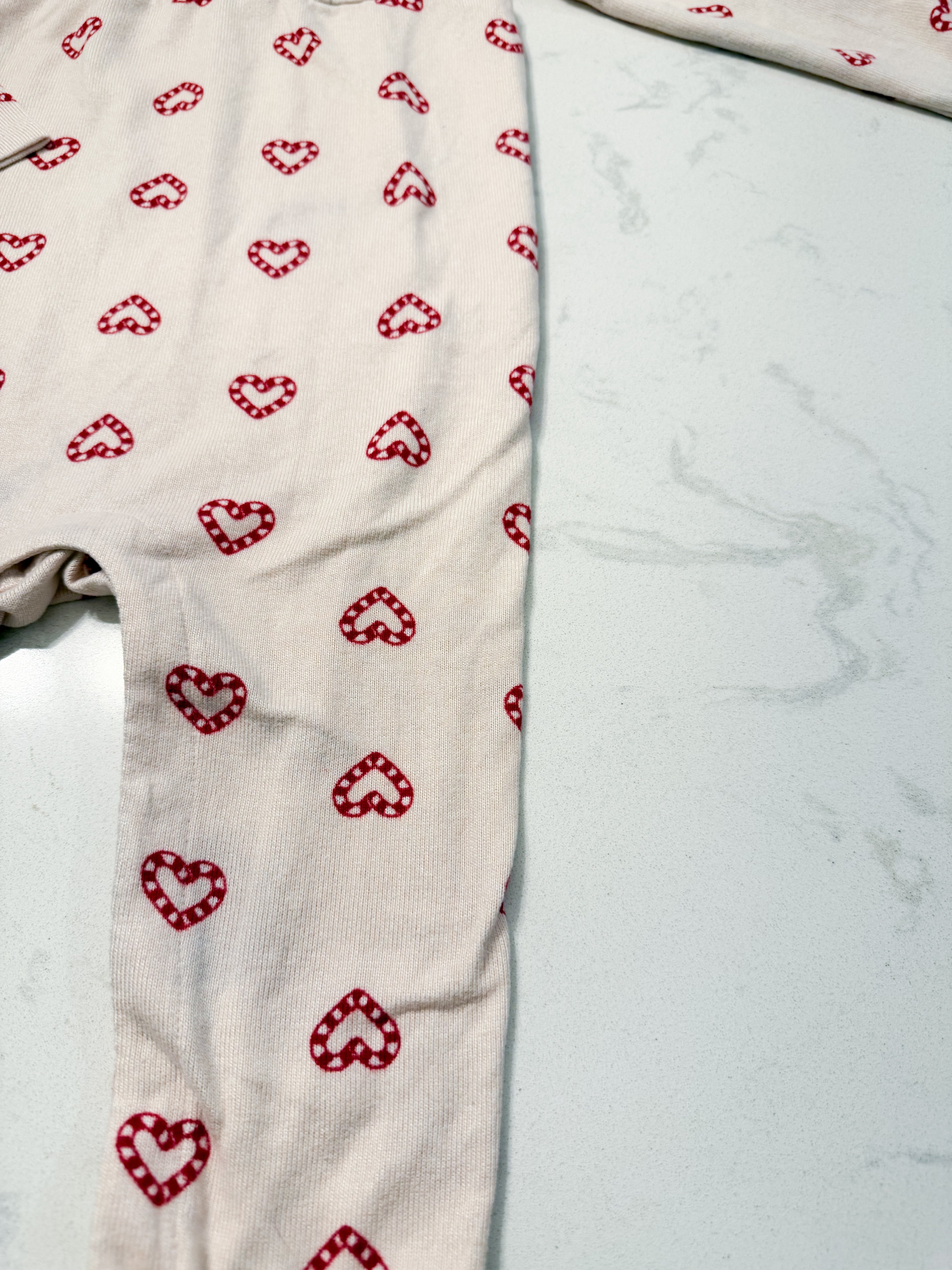 Joe Fresh- 18-24m- VGUC- light pink ruffle romper with candy cane hearts