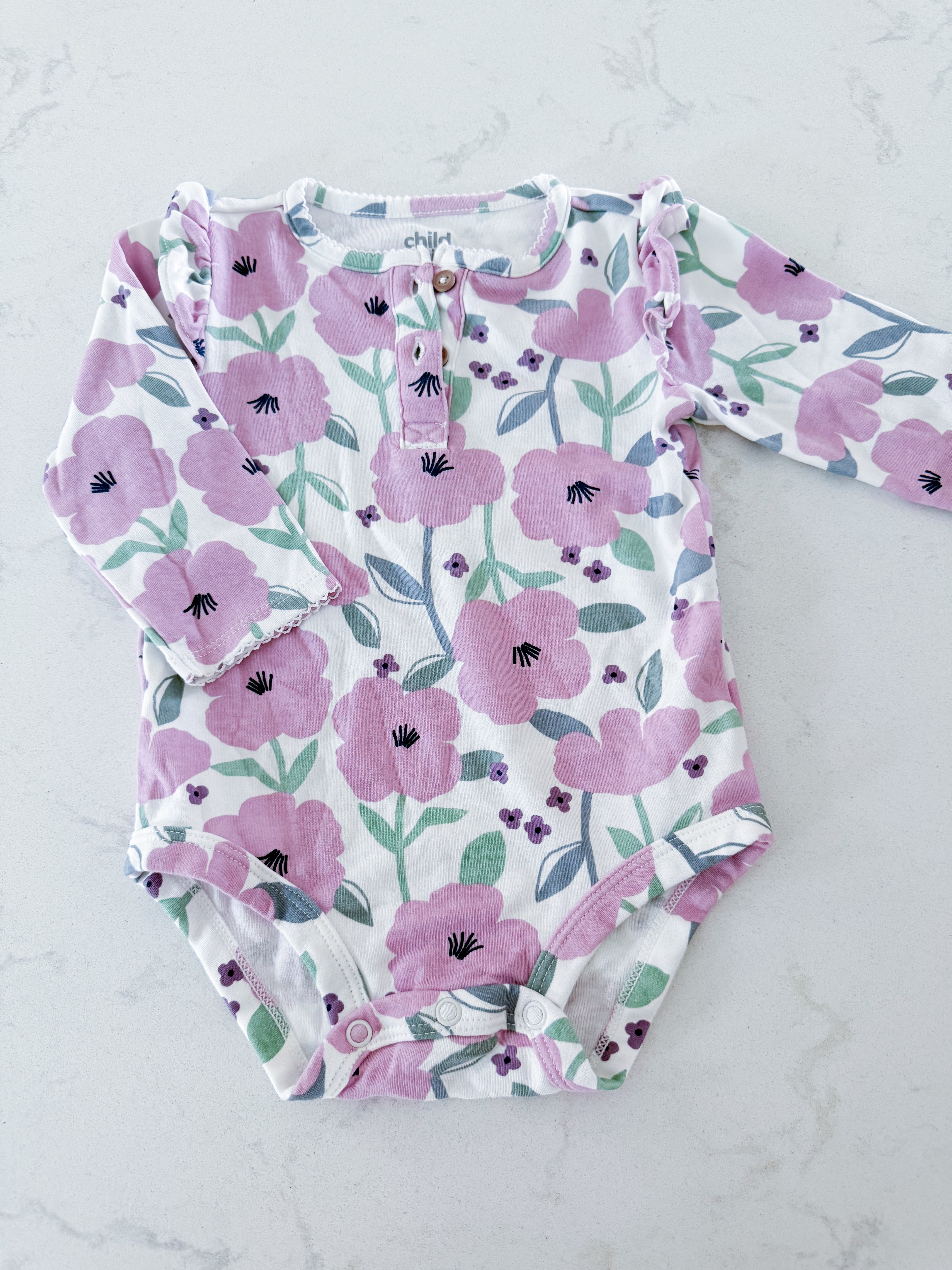 Carters- 12m- VGUC- long sleeve purple floral bodysuit