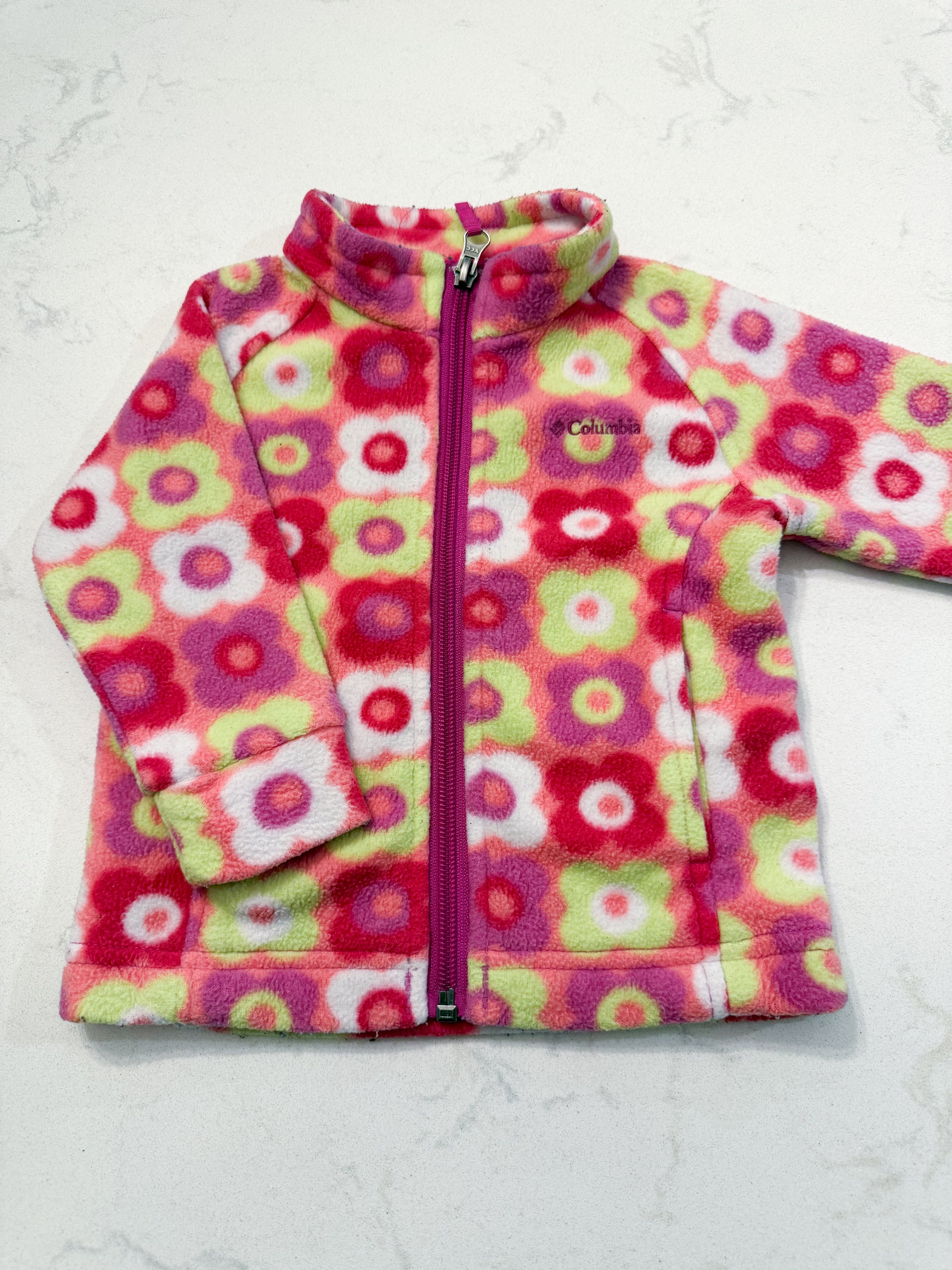 Columbia- 6-12m- GUC- bright green and pink fleece zip up