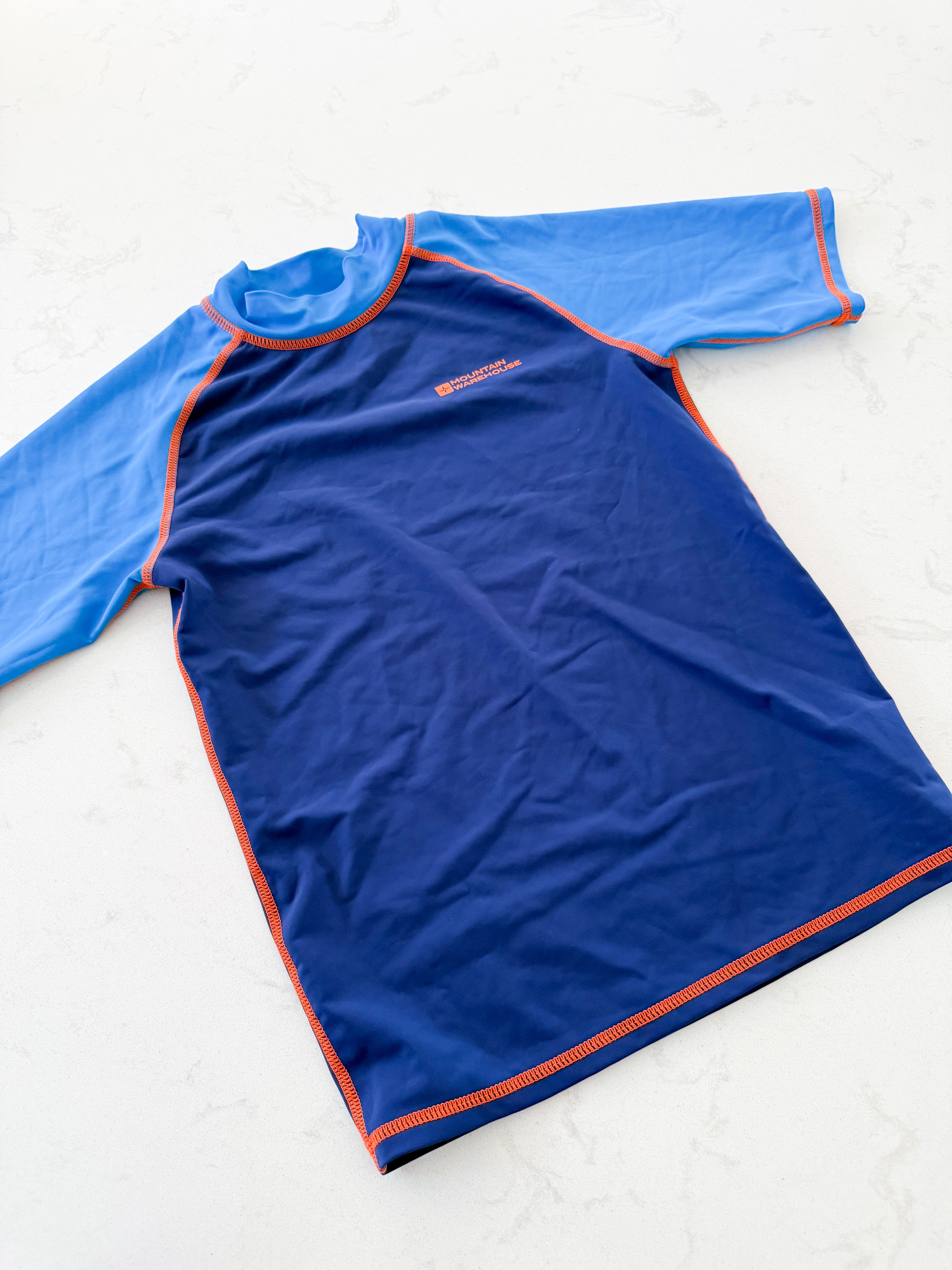 Mountain Warehouse- 9-10Y- VGUC- blue rashguard with orange accents