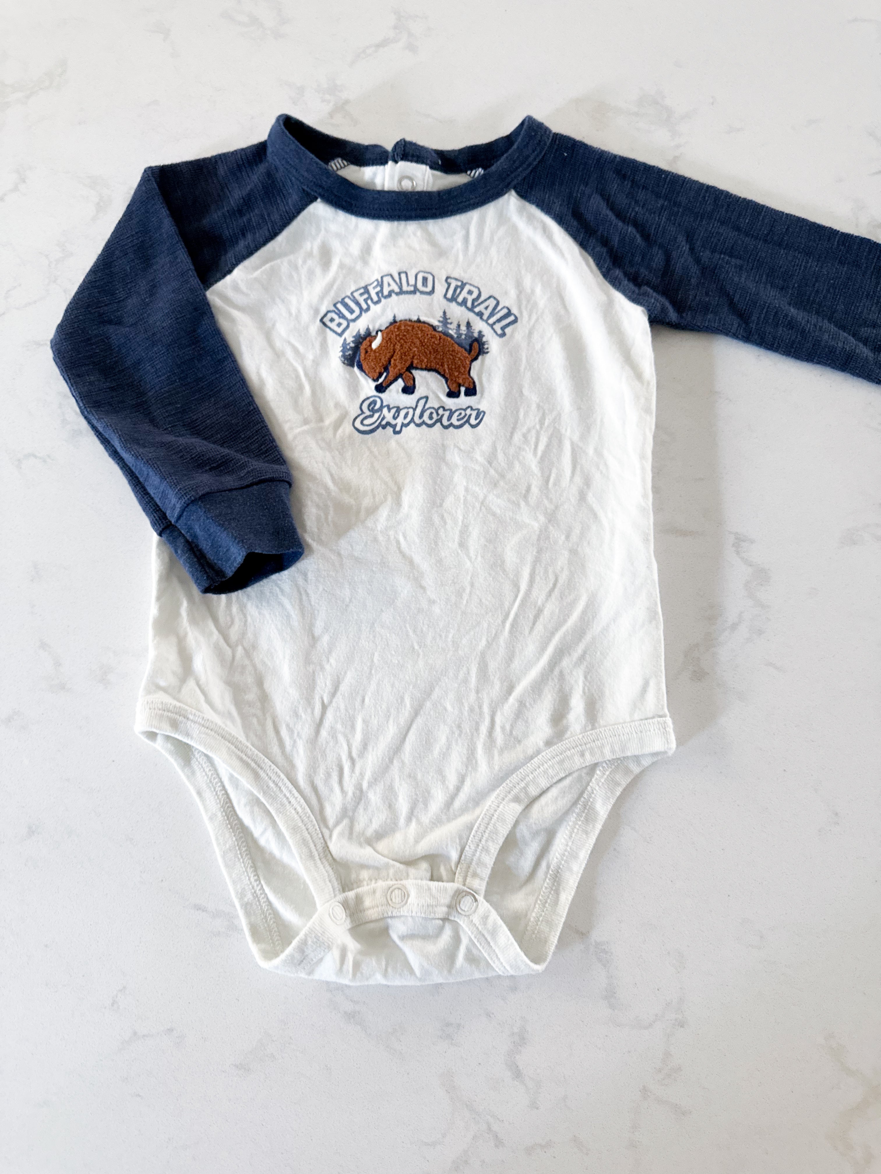 Baby b’gosh- 18m- GUC- long sleeve baseball bodysuit with buffalo