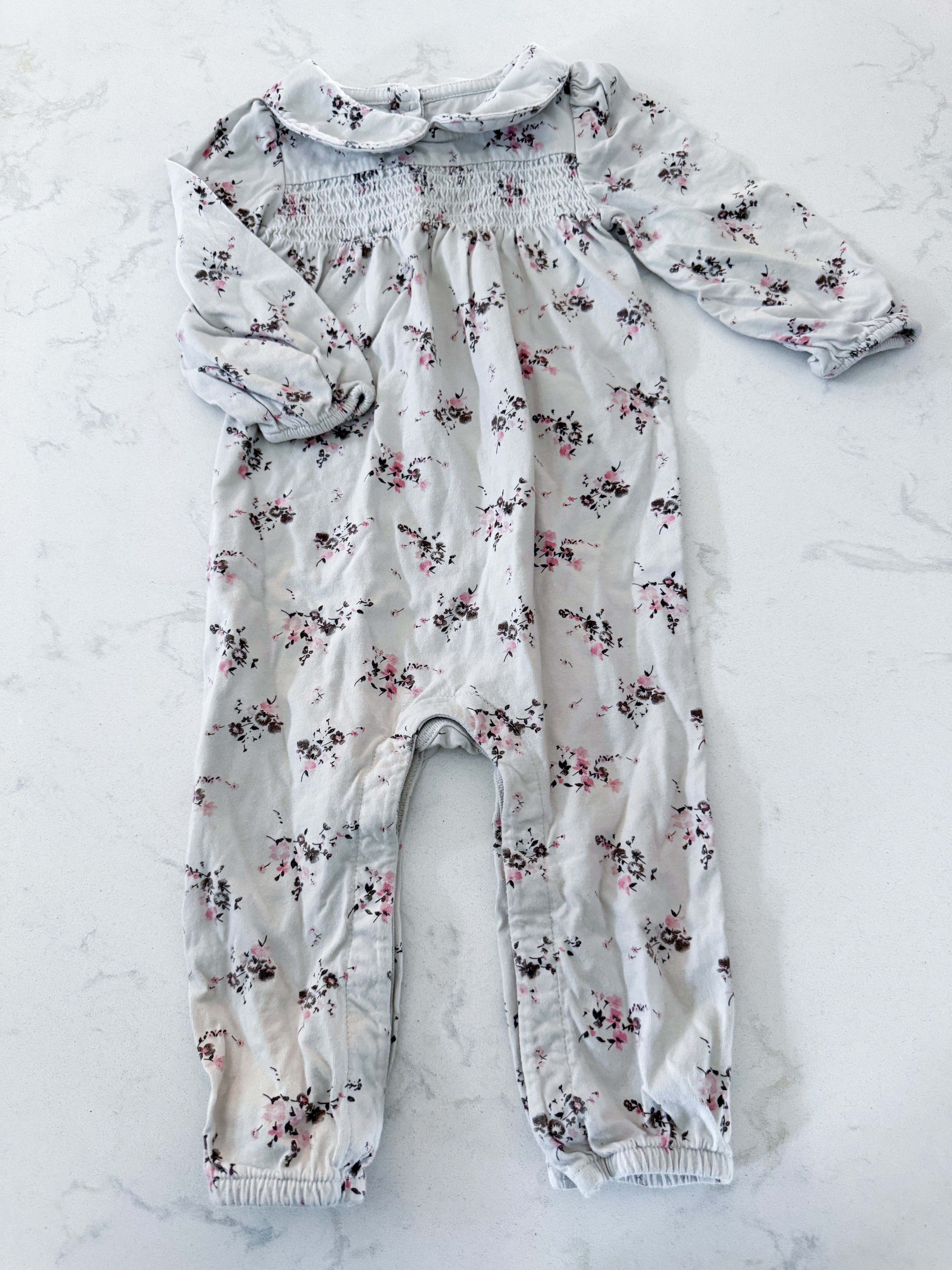 Gap- 12-18m- GUC- greyish white romper with brown and pink florals and collar