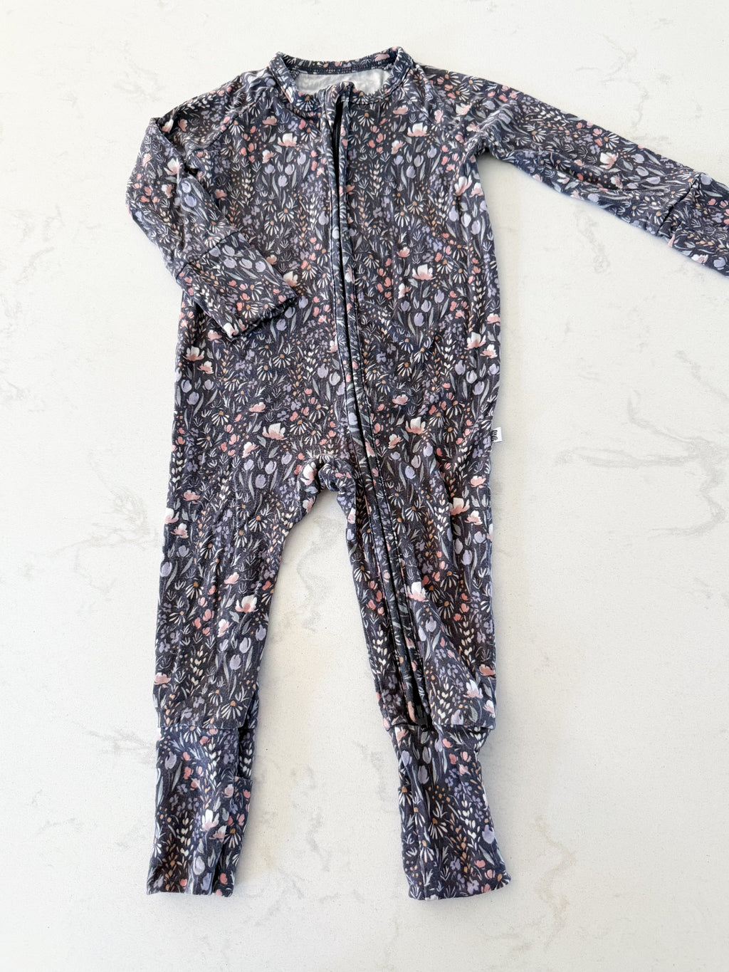 Early Grey- 3-6m- GUC- grey and purple bamboo footless pajamas zip up