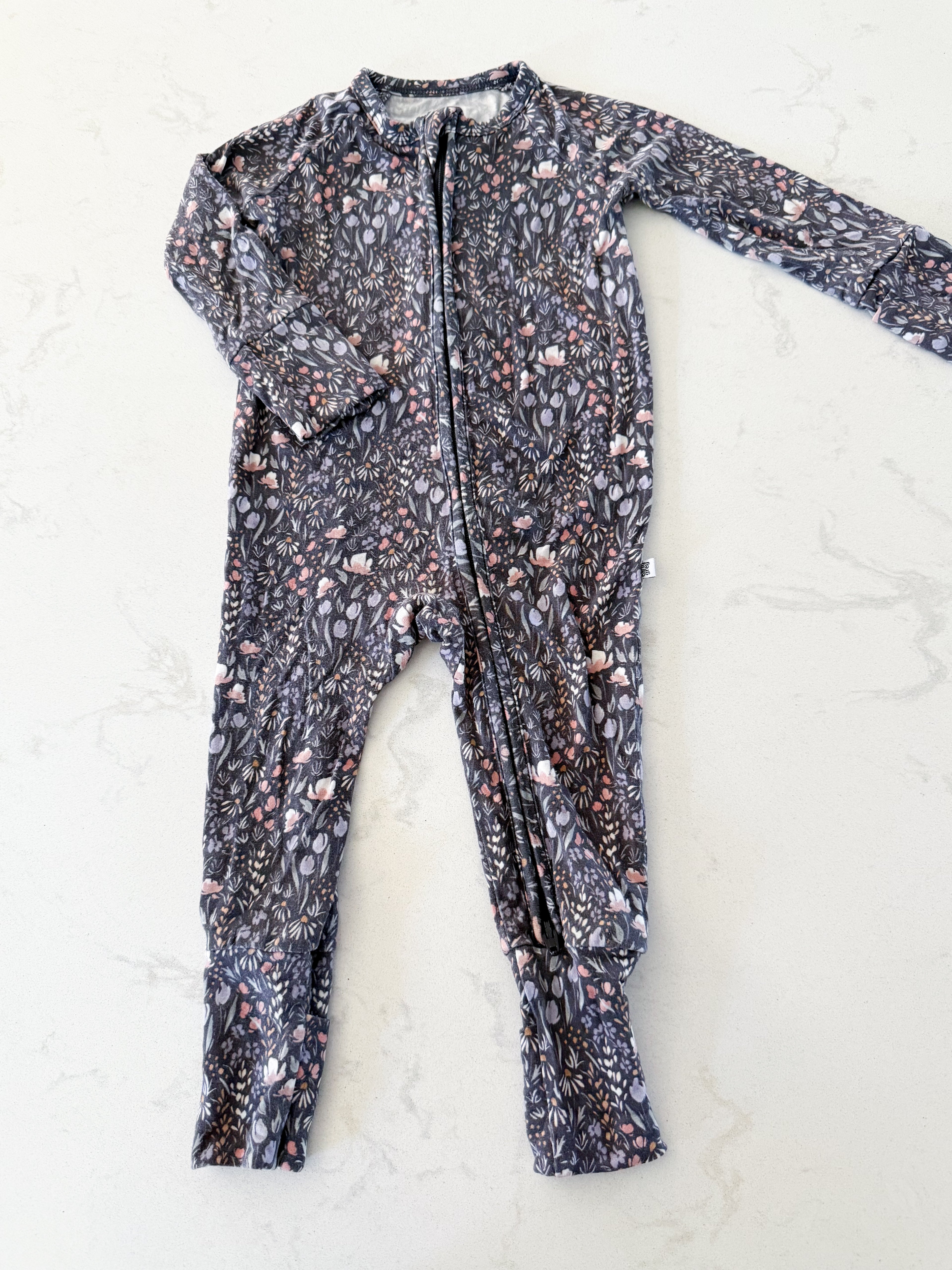 Early Grey- 3-6m- GUC- grey and purple bamboo footless pajamas zip up