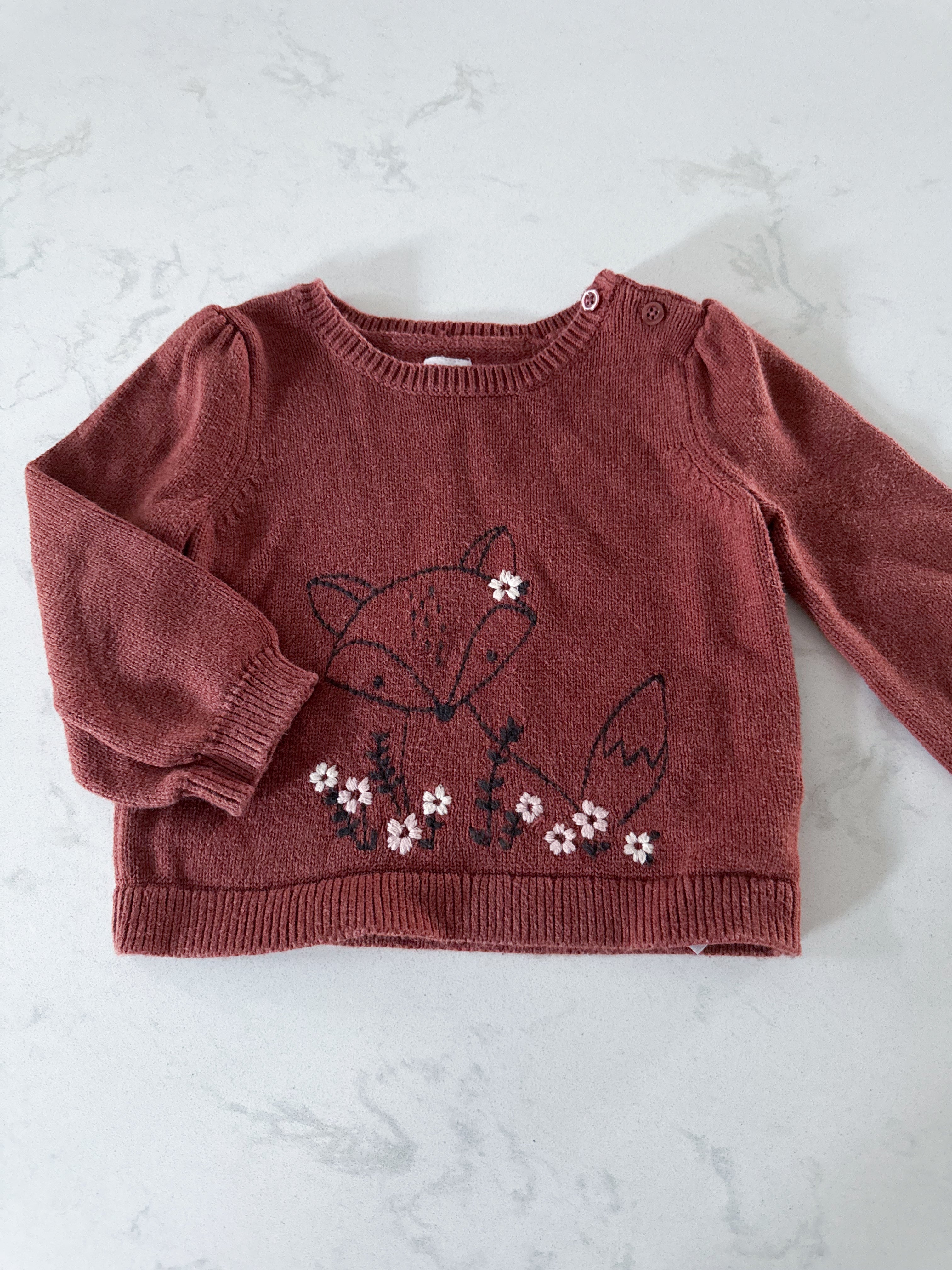 Gap- 12-18m- GUC- brown knit sweater with embroidered fox