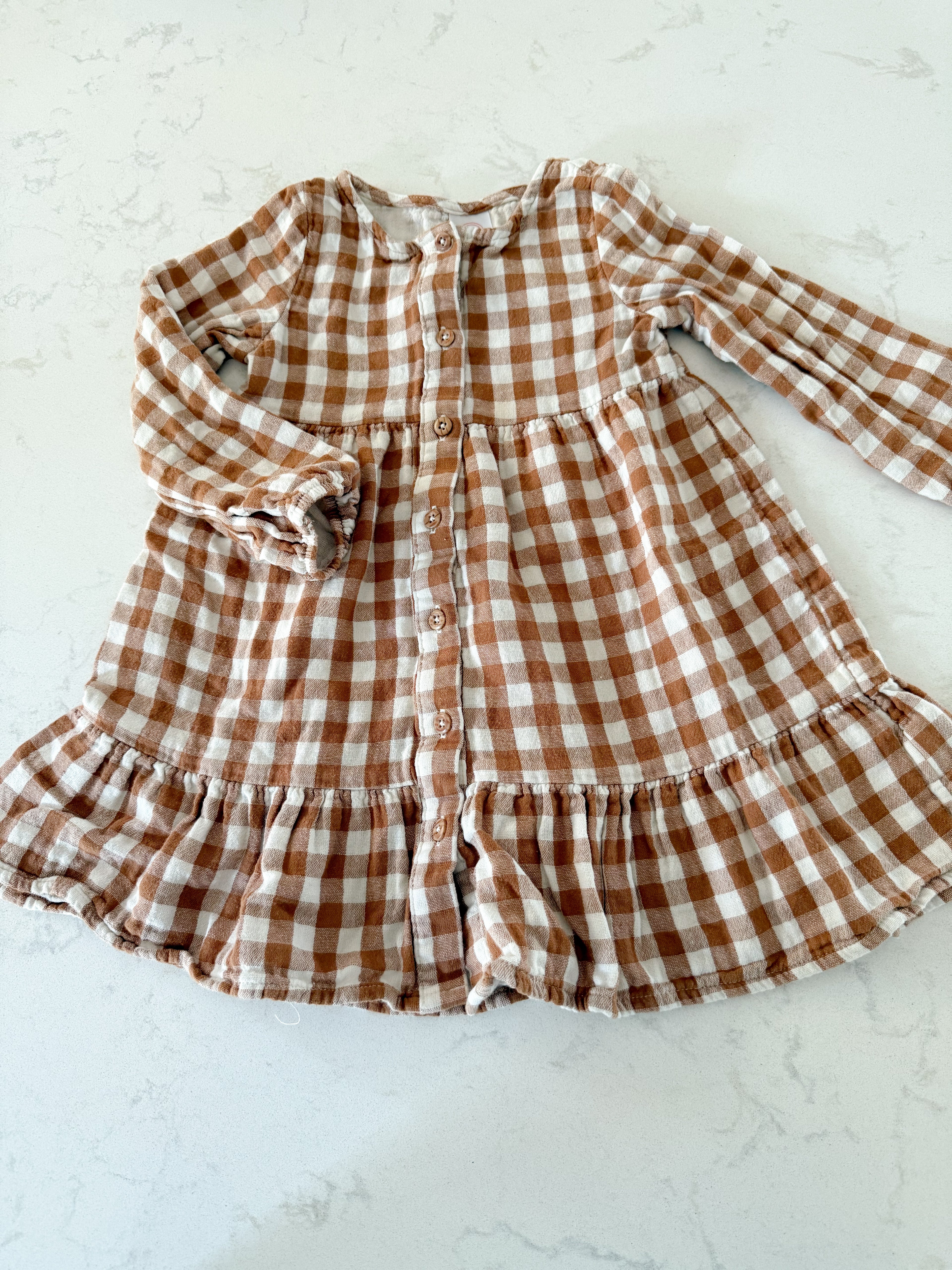 Wonder Nation- 4T- GUC- gingham brown and white long sleeve dress