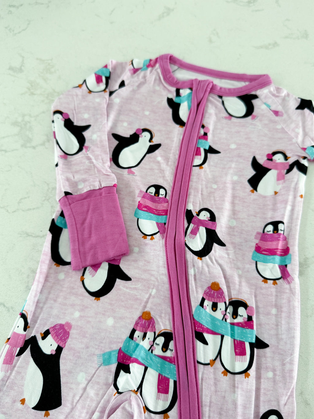 Little Sleepies- 6-12m- BNWT- pink bamboo footless jammies with penguins and fold over feet and hands