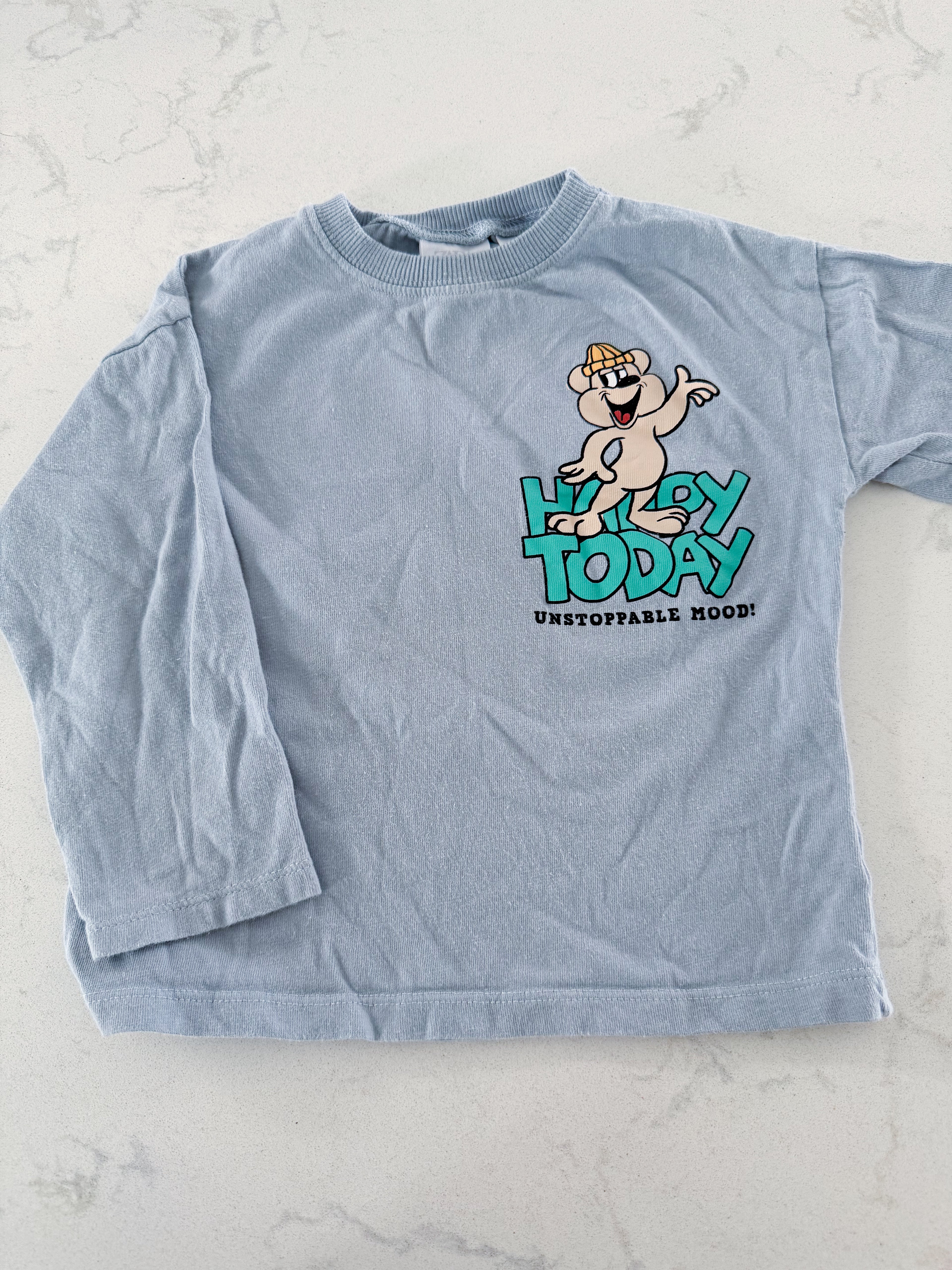 Zara- 12-18m- GUC- long sleeve light blue graphic shirt with bear