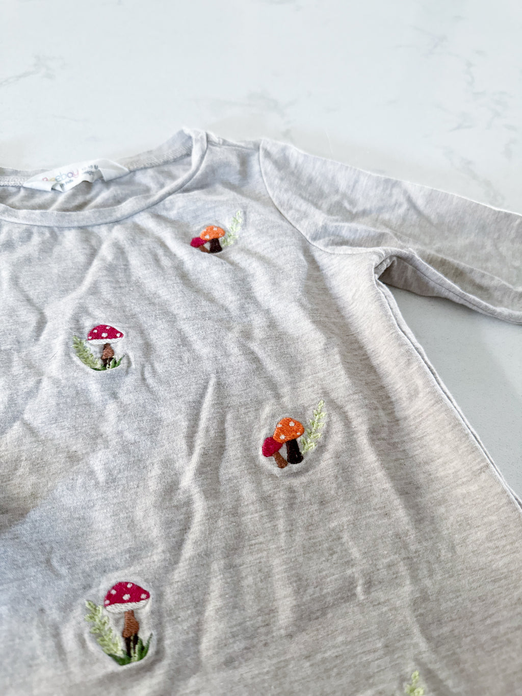 Beebay- 12-18m- GUC- beige long sleeve shirt with embroidered mushrooms