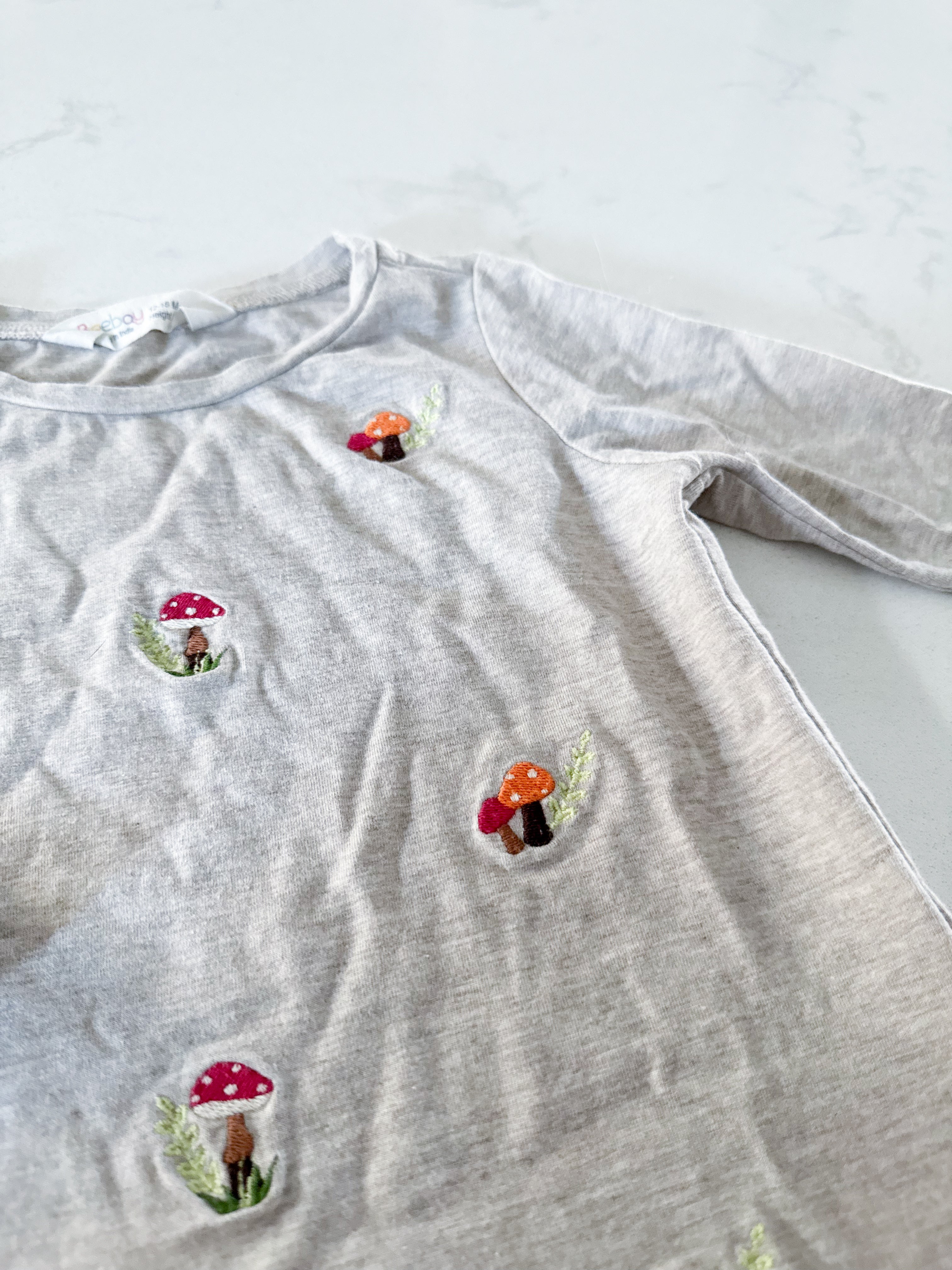 Beebay- 12-18m- GUC- beige long sleeve shirt with embroidered mushrooms