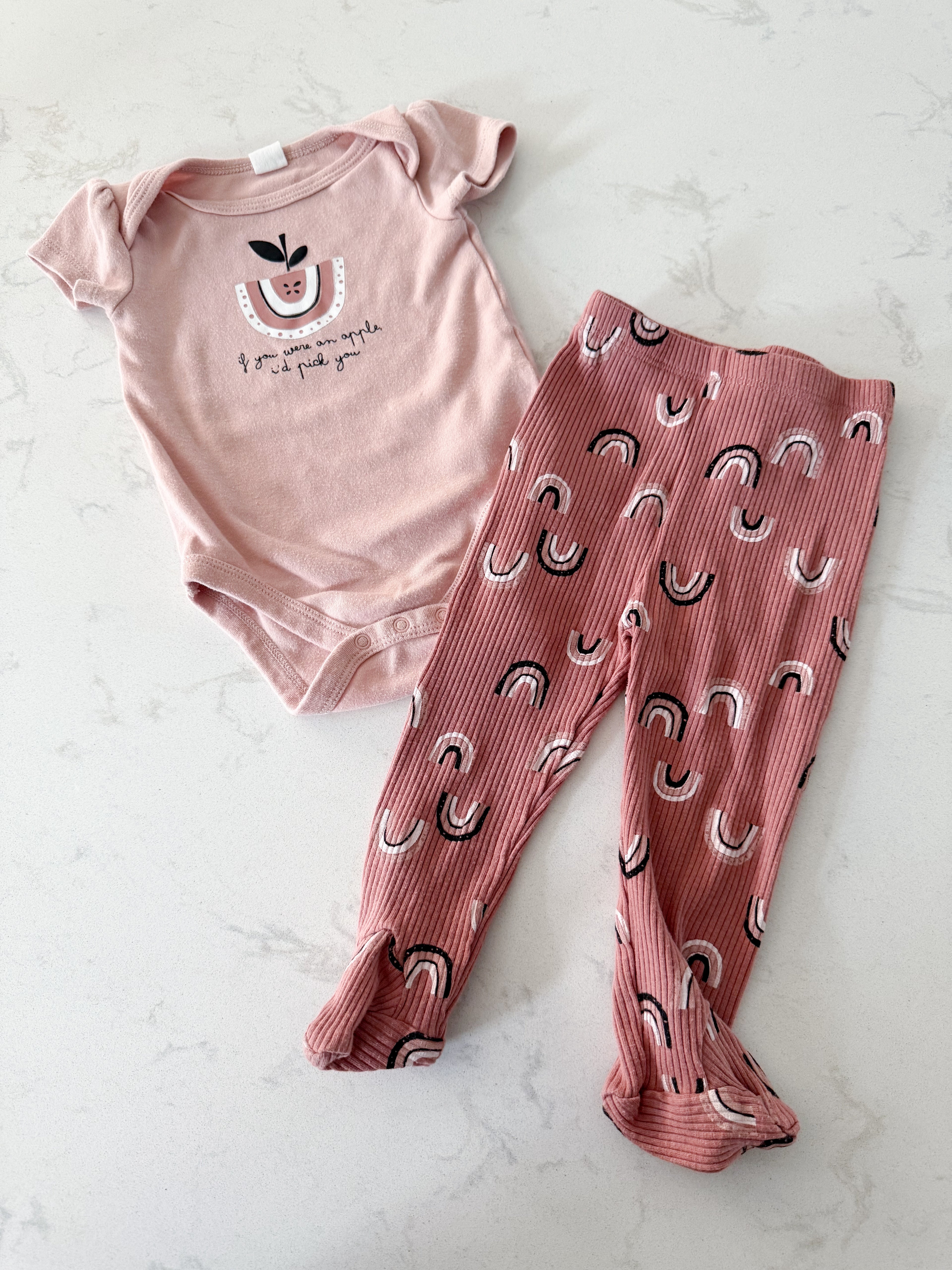 PL Baby- 9m- GUC- dusty rose ribbed footie pants and short sleeve bodysuit with rainbow