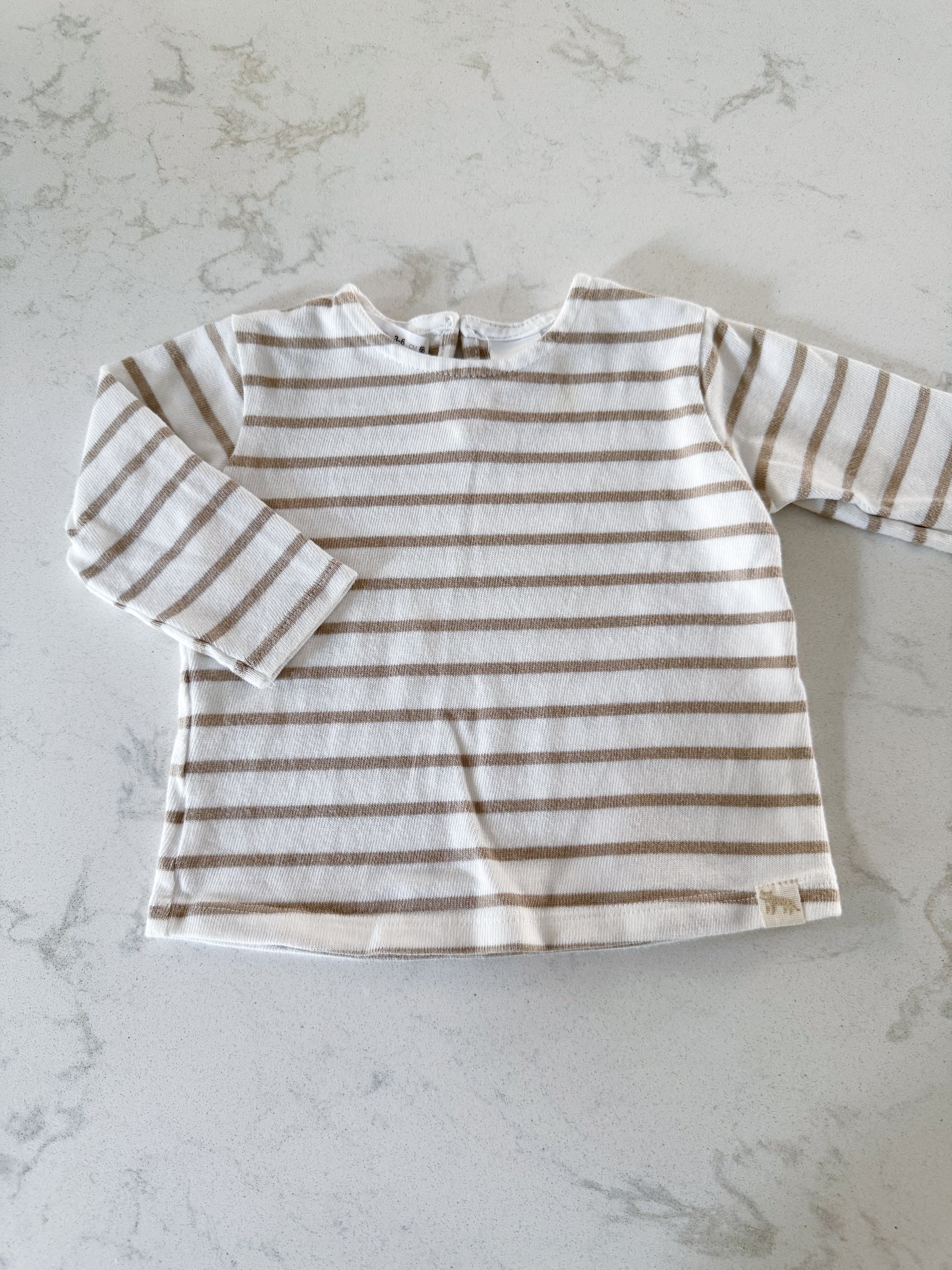 Zara- 3-6m- PLAY- long sleeve brown and white striped shirt