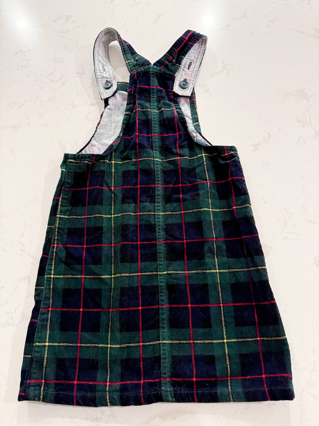 The Children’s Place- 8Y- GUC- green corduroy plaid overall dress