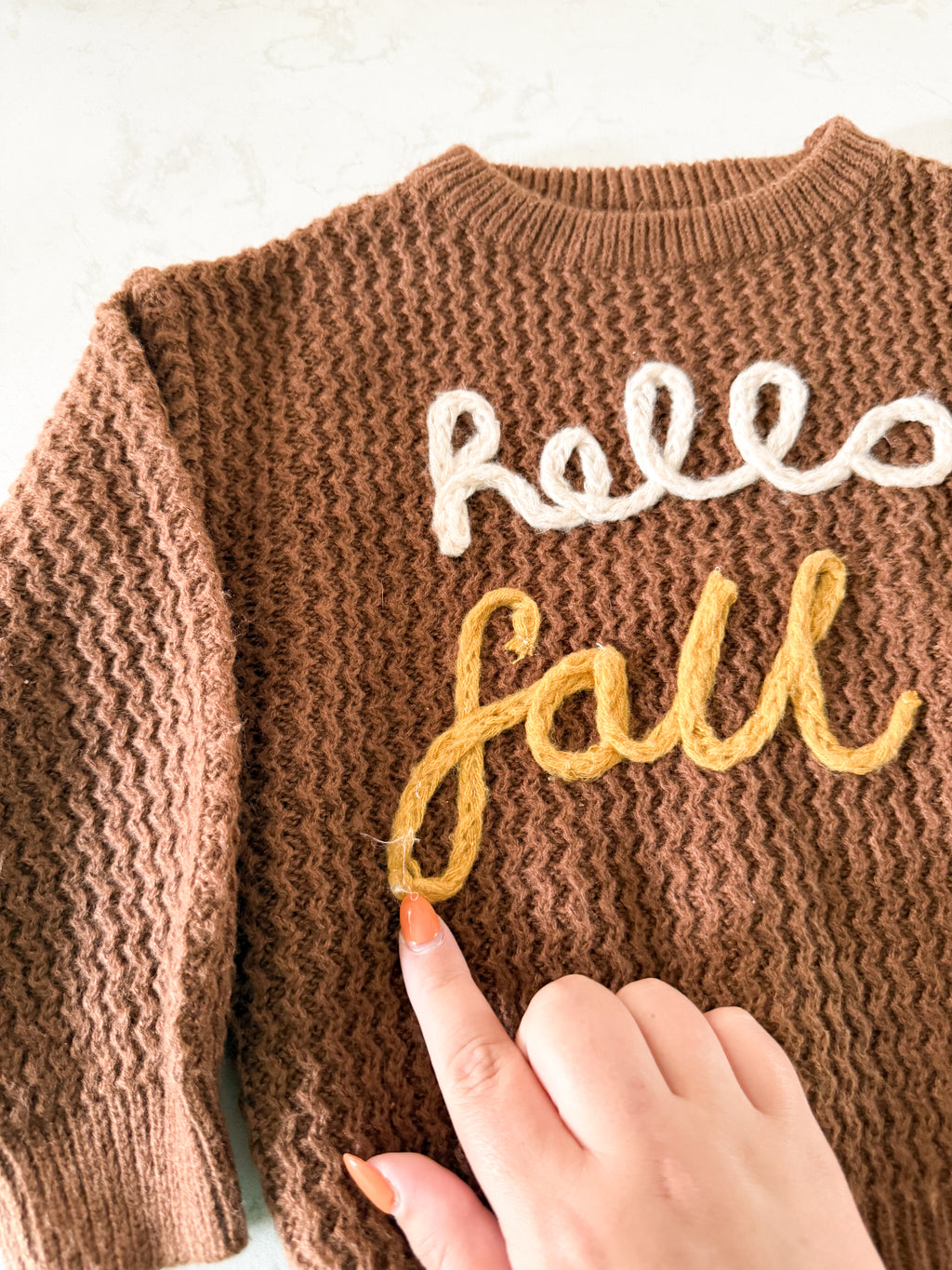 No brand (homemade)- fits like 3T- GUC- brown knit sweater with hello fall embroidery