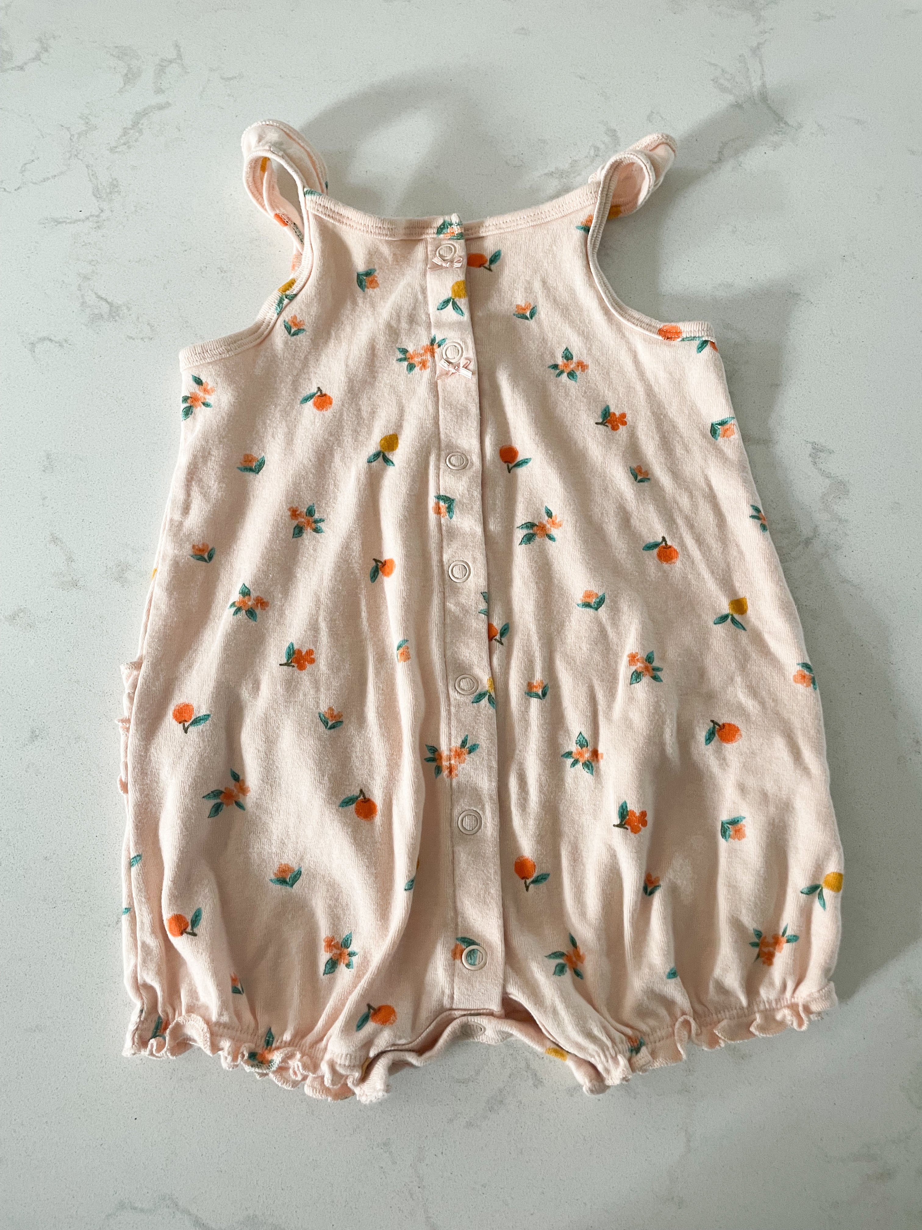 Carters-12m-VGUC- light orange tank shorts romper with citrus fruit