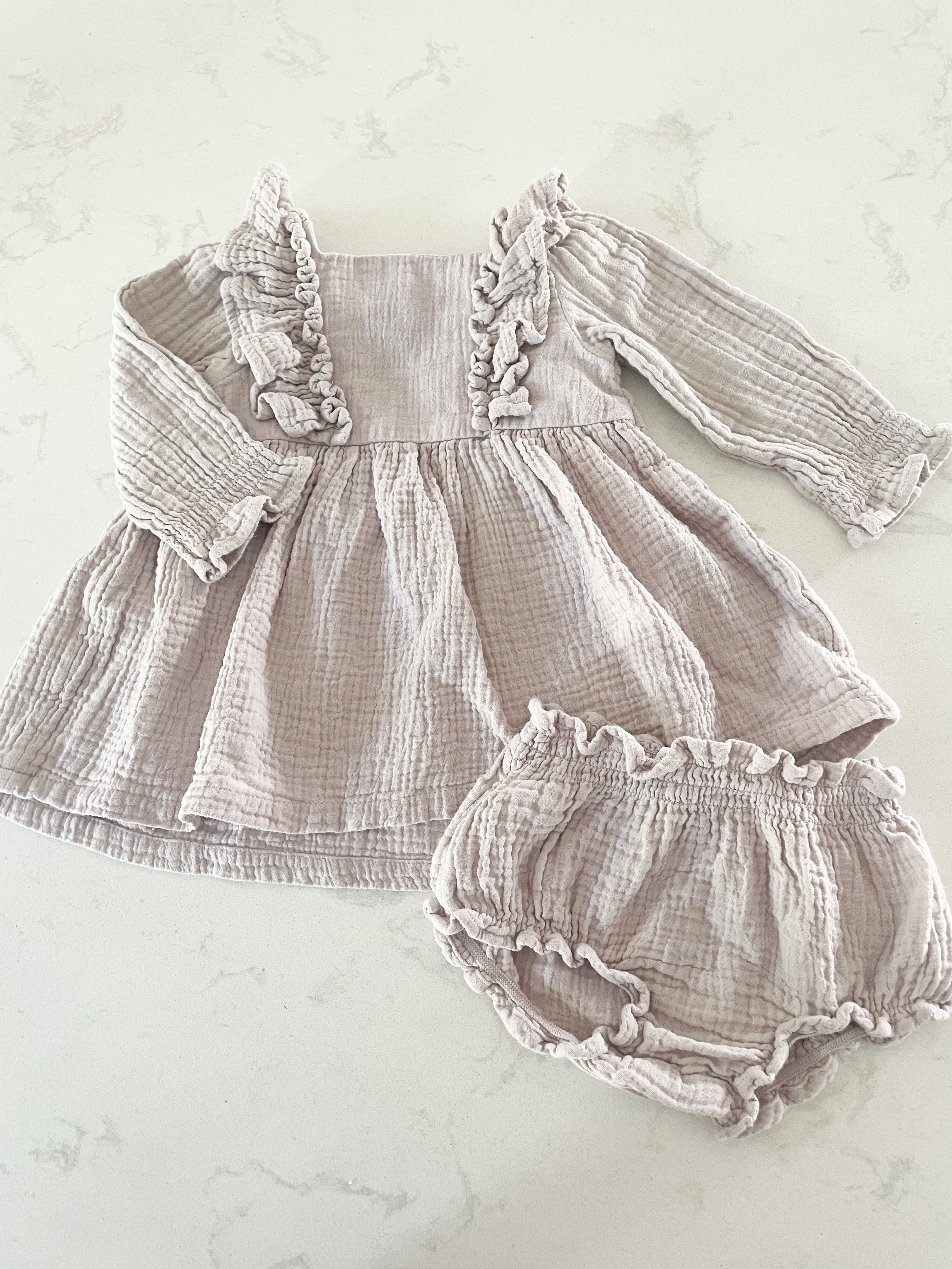 H&M- 6-9 months- Muslin light purple dress with matching bummies