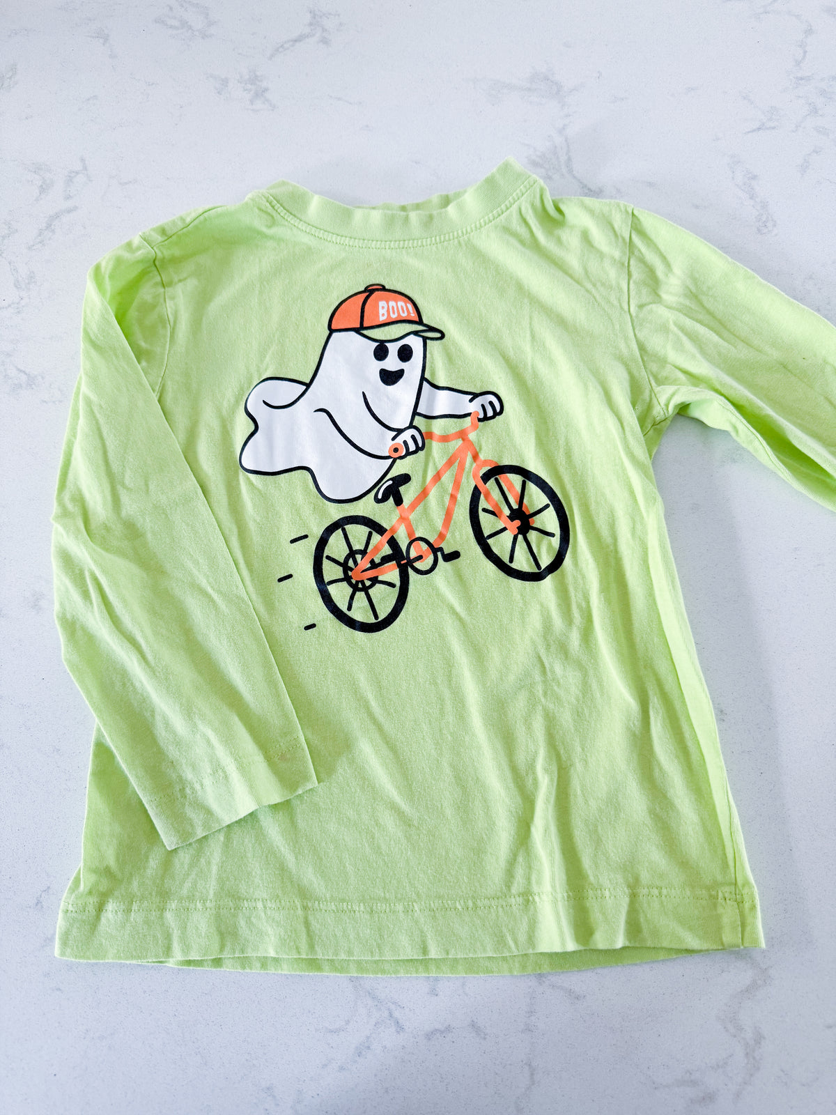No brand- 4T- PLAY- bright green long sleeve shirt with ghost riding bicycle