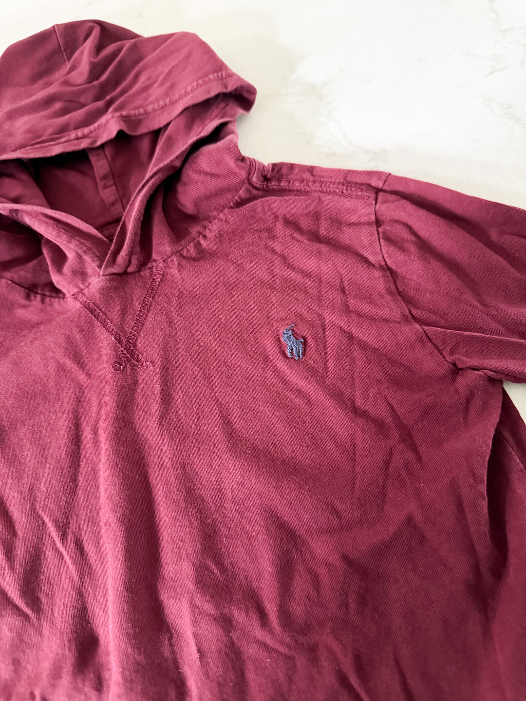 Polo by Ralph Lauren- 5/6Y- GUC- burgundy thin hooded shirt with navy logo