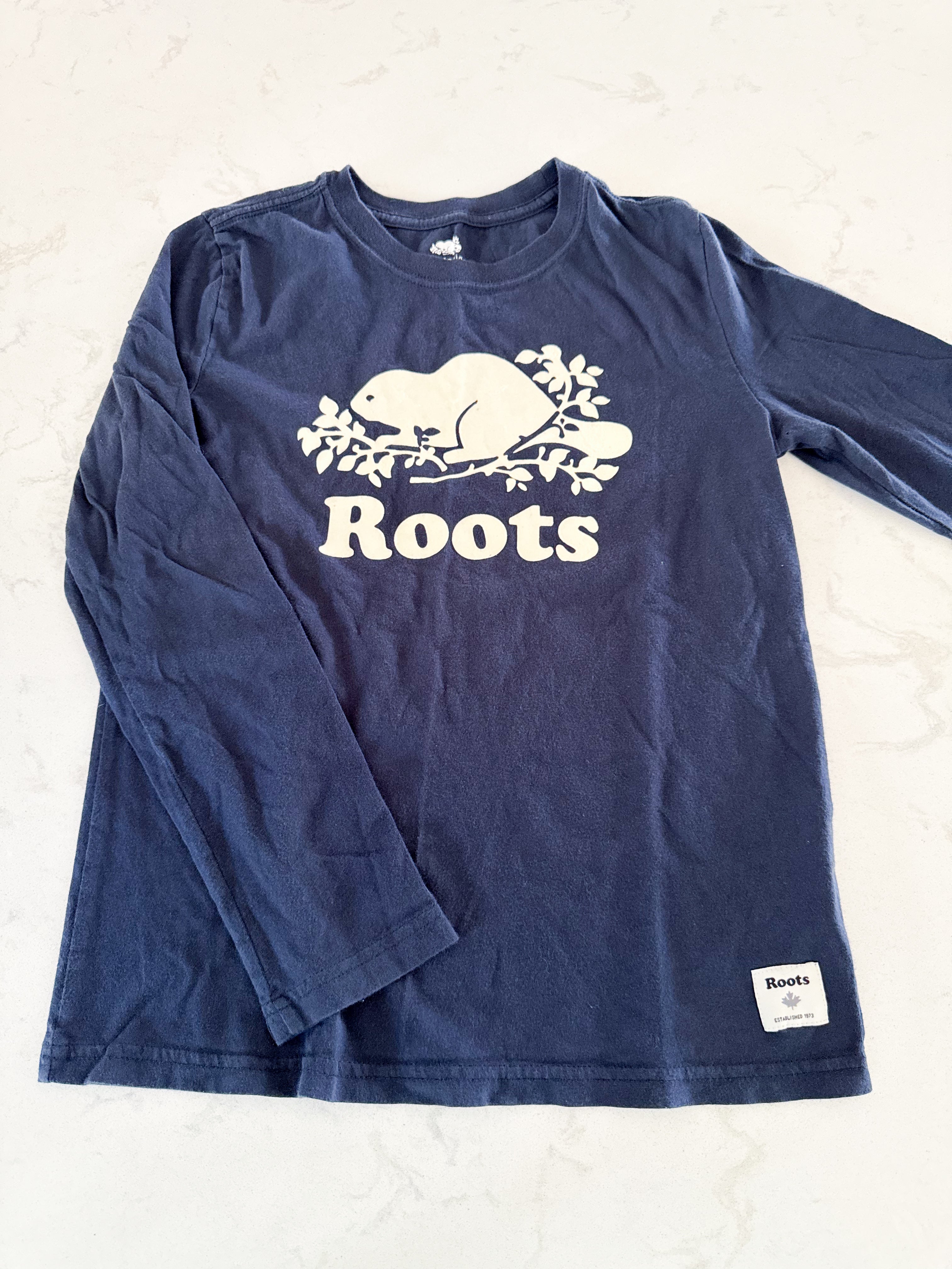 Roots- 9-10Y- GUC- navy blue long sleeve with white logo