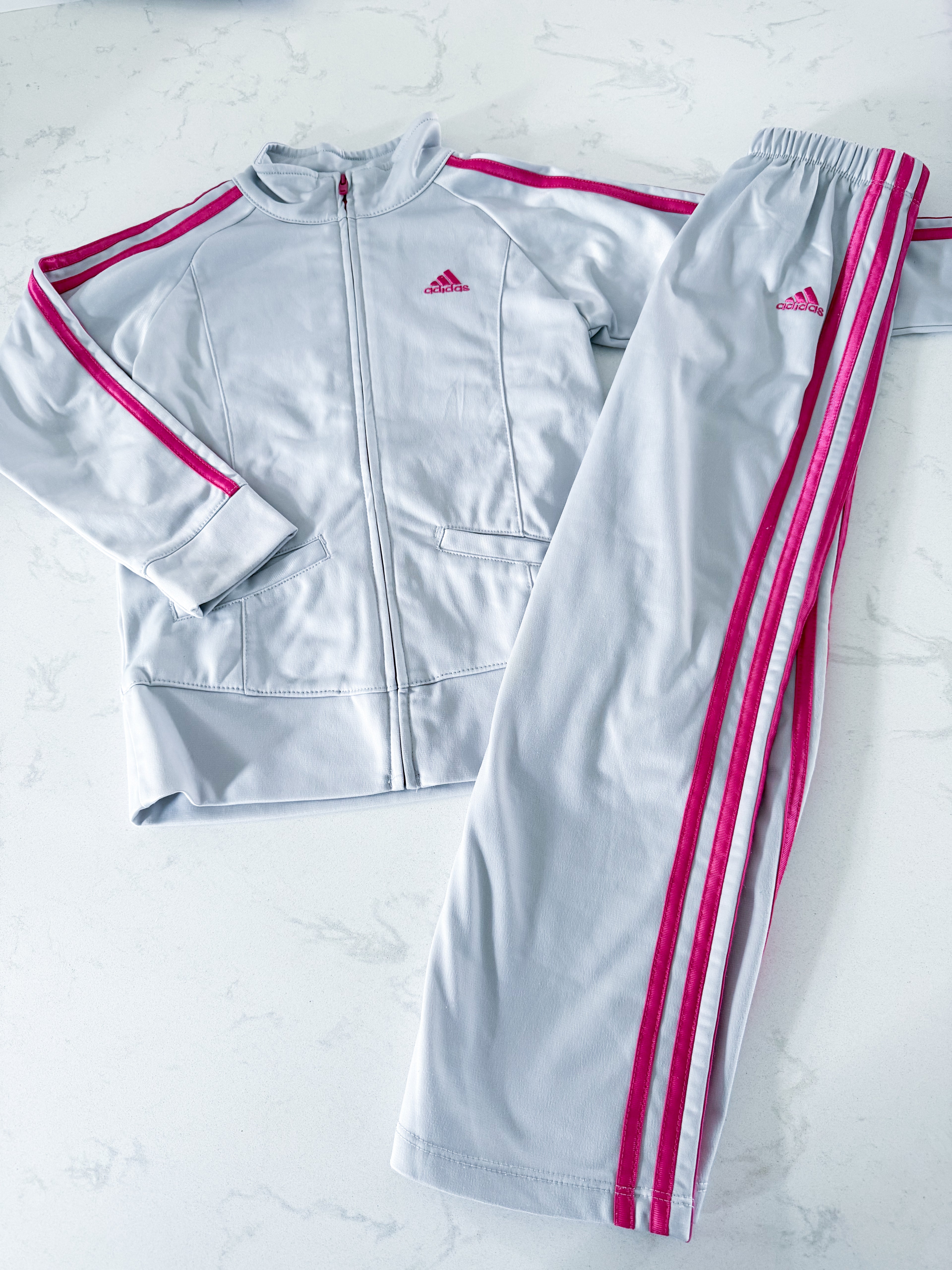 Adidas- fits 7/8Y- PLAY- light grey pink accented two piece track suit
