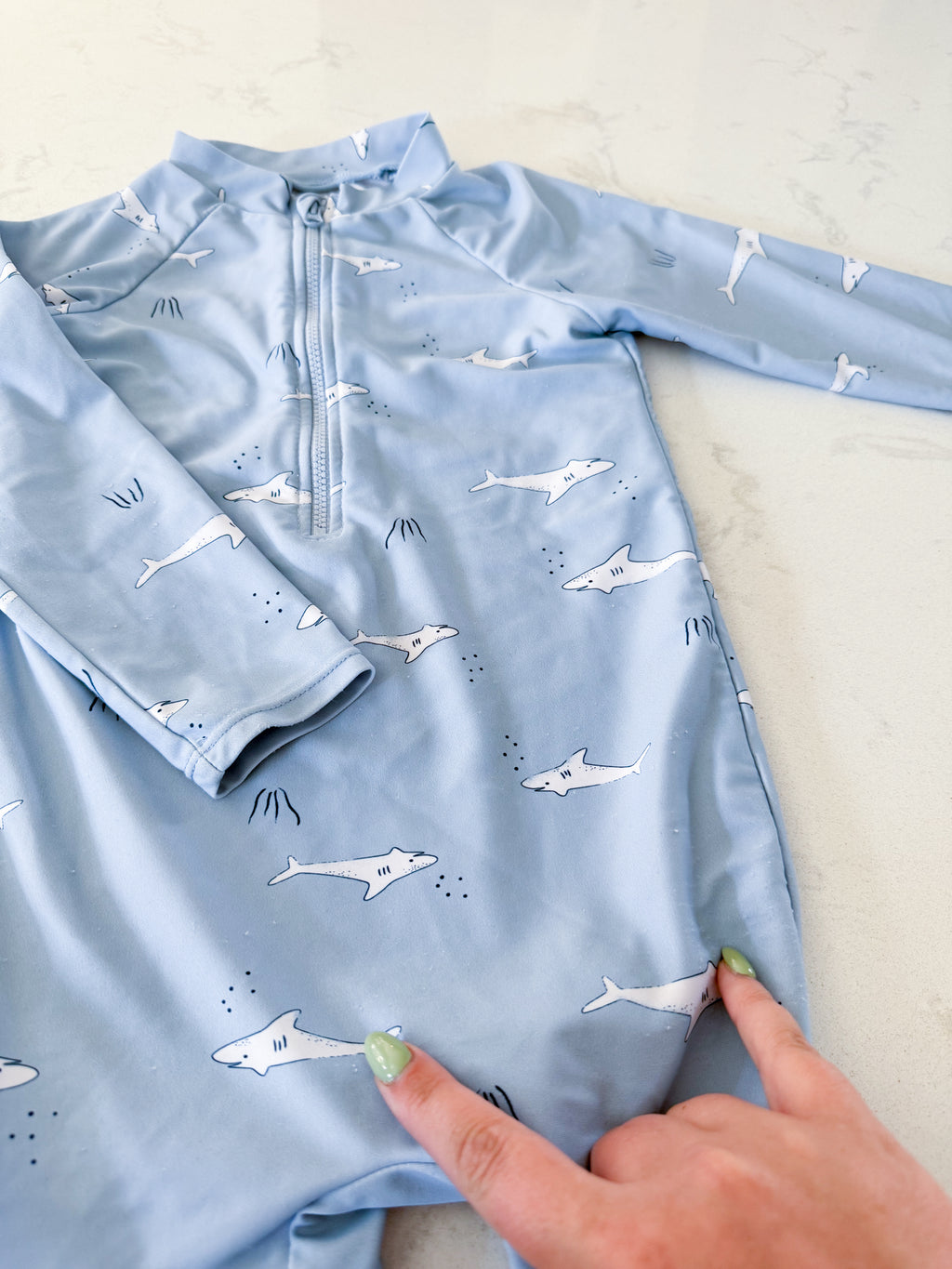 Rise Little Earthling- 18-24m- PLAY- light blue long sleeve swim suit with white sharks