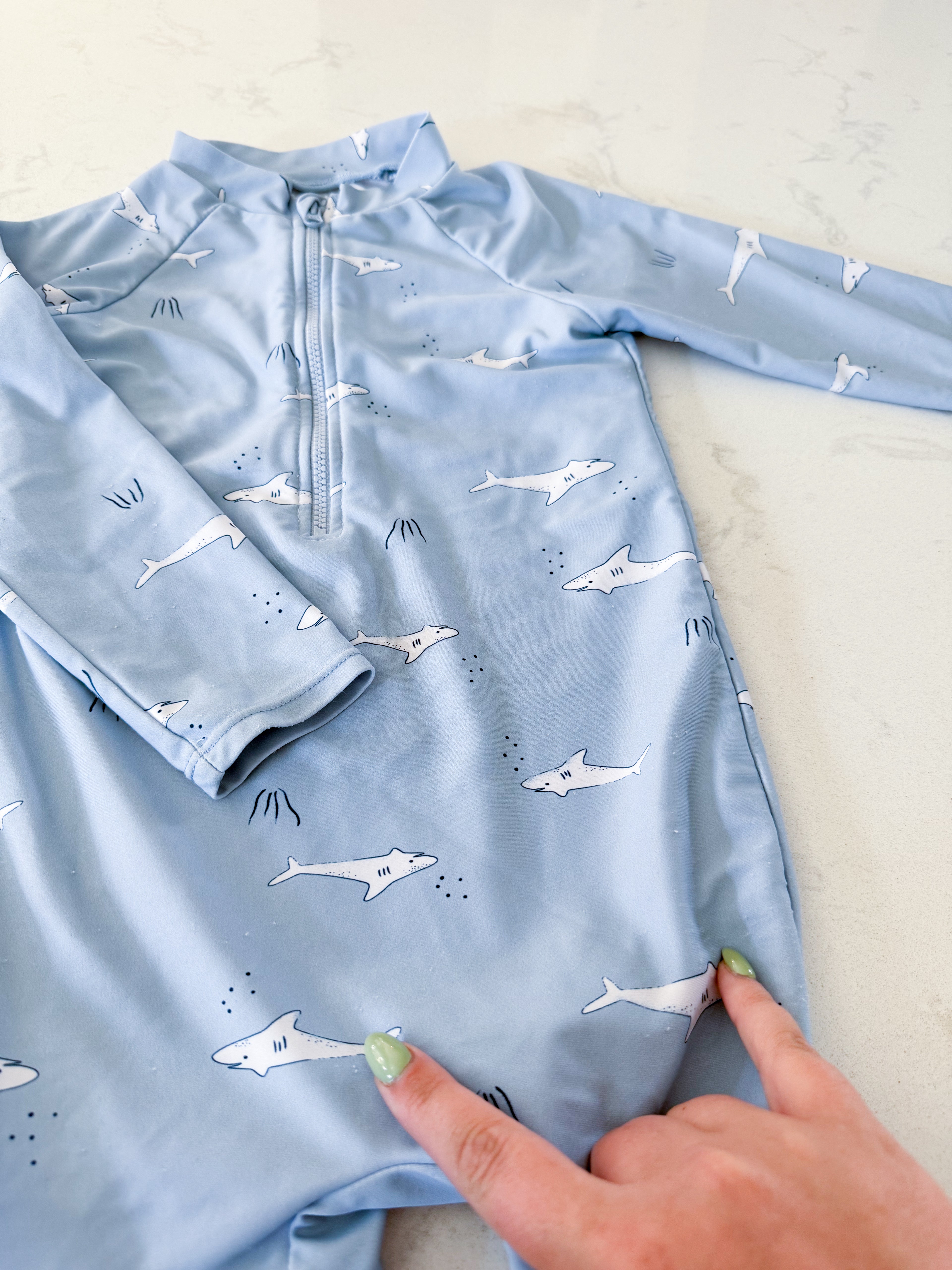 Rise Little Earthling- 18-24m- PLAY- light blue long sleeve swim suit with white sharks