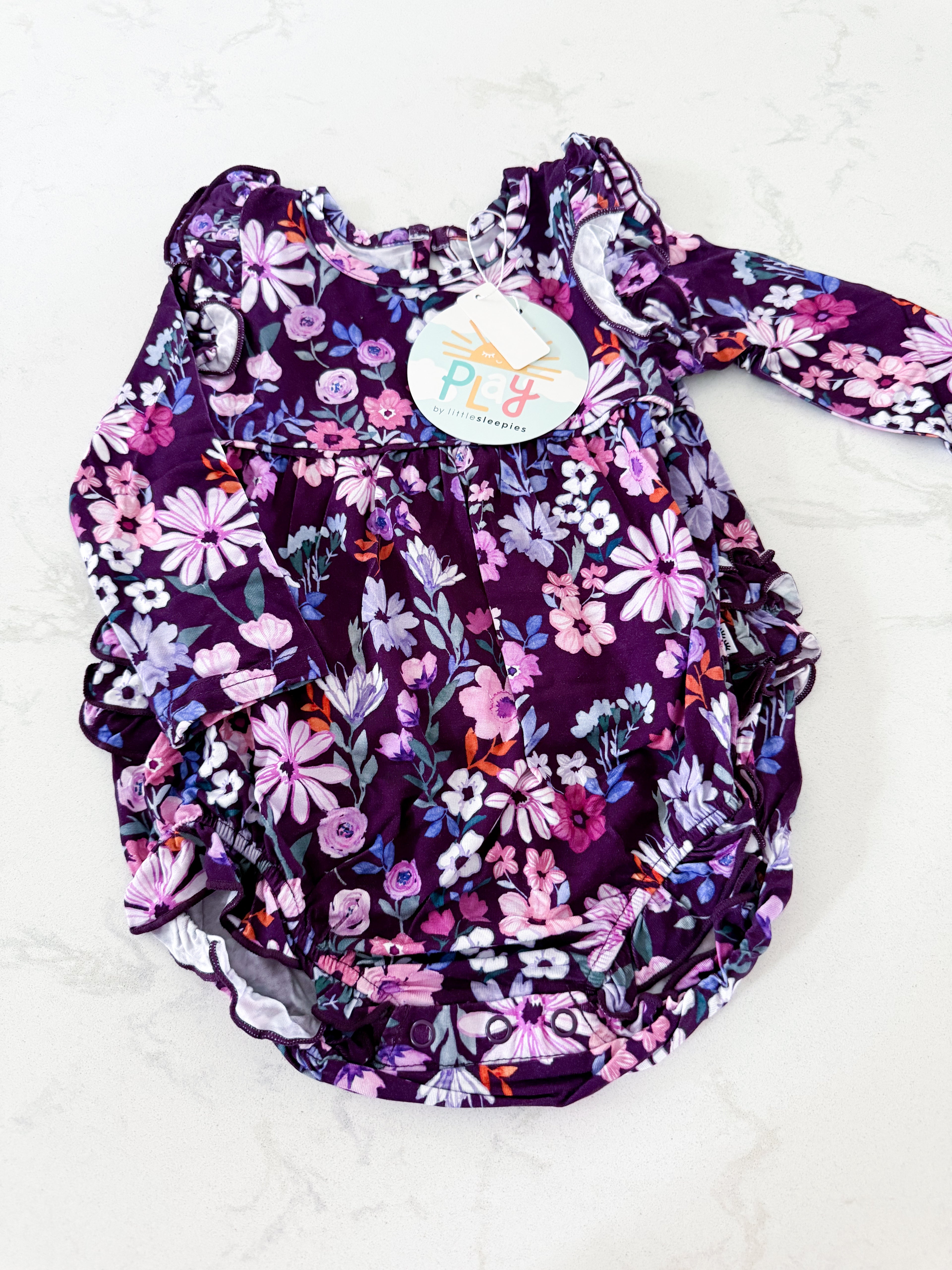 Little Sleepies (Play collection)- 12-18m- BNWT- long sleeve ruffle dark purple bamboo floral bubble bodysuit