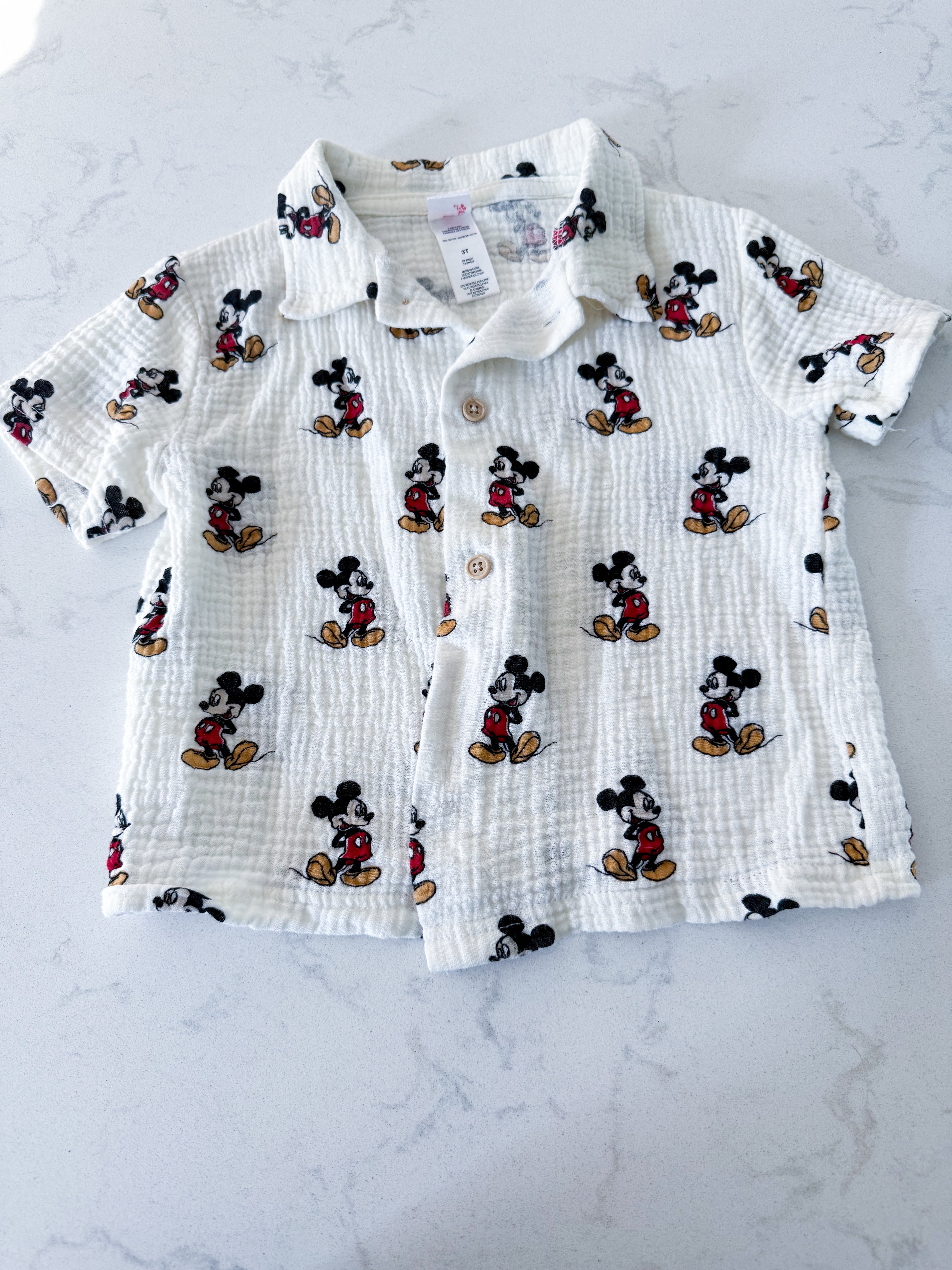 Disney Junior- 3T- PLAY- white muslin button up collared shirt with Mickey Mouse