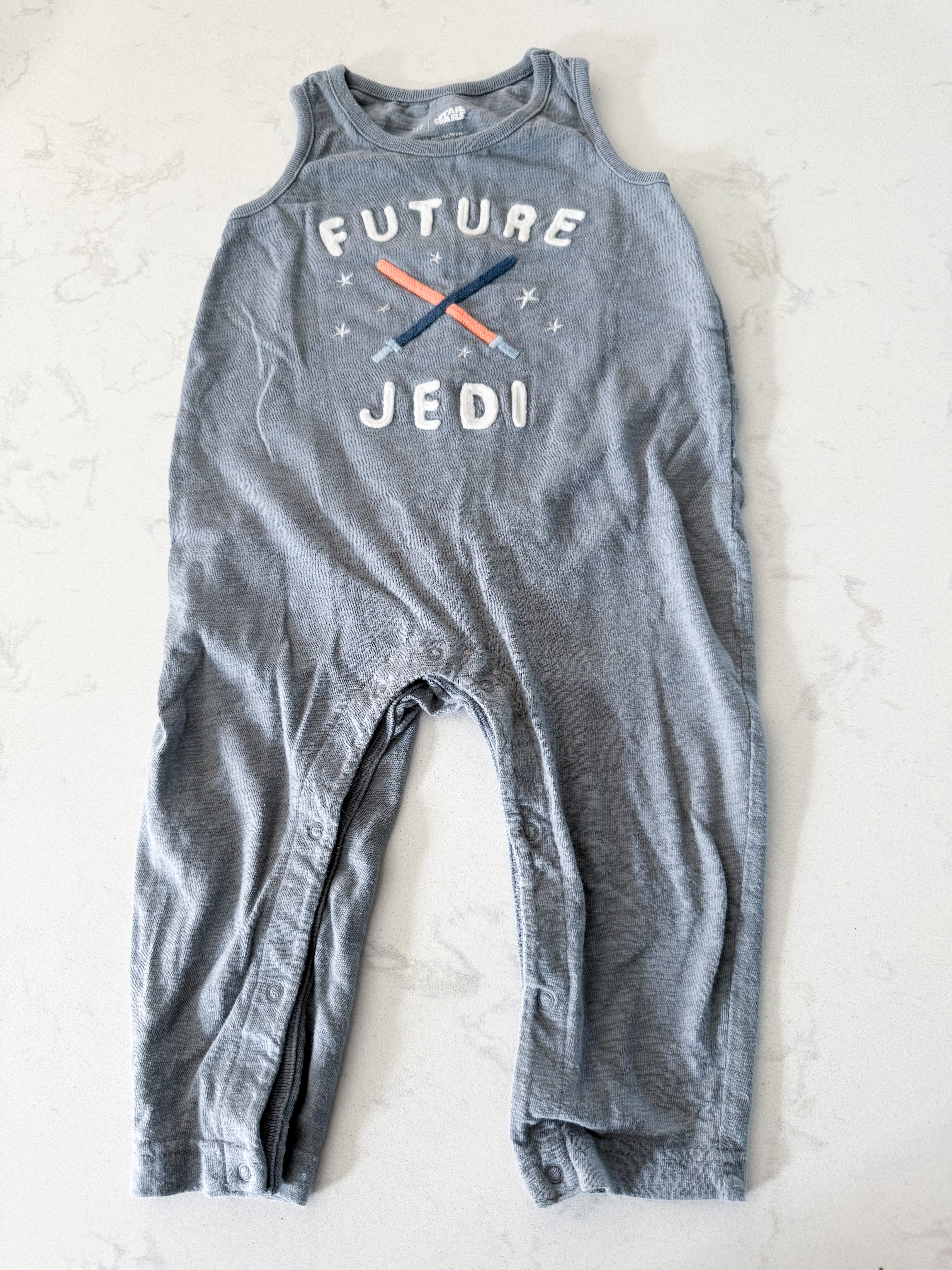 Baby Gap- 12-18m- GUC- grey tank romper with embroidered future jedi