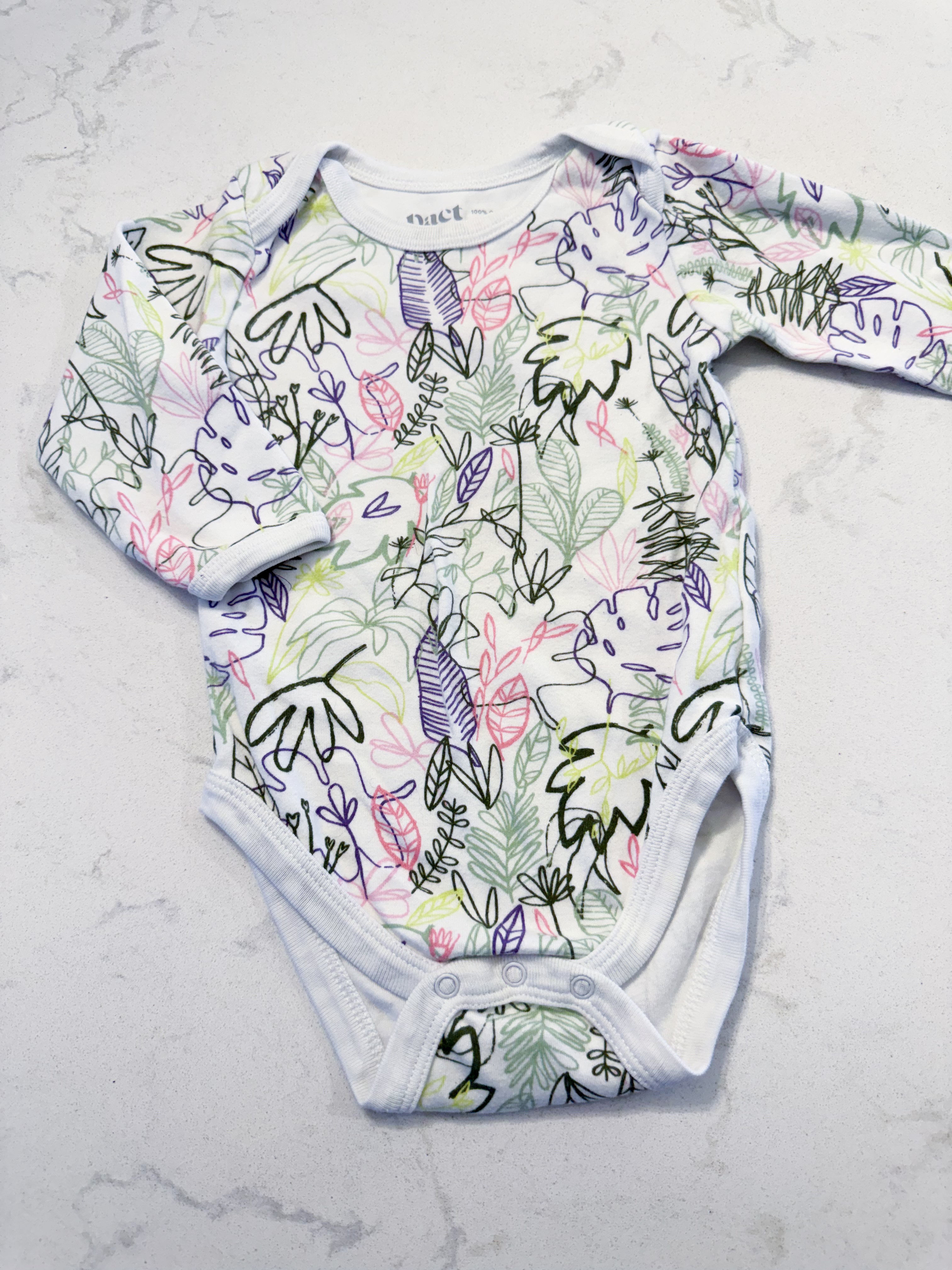 Pact Organics- 9-12m- GUC- long sleeve green purple and pink bodysuit