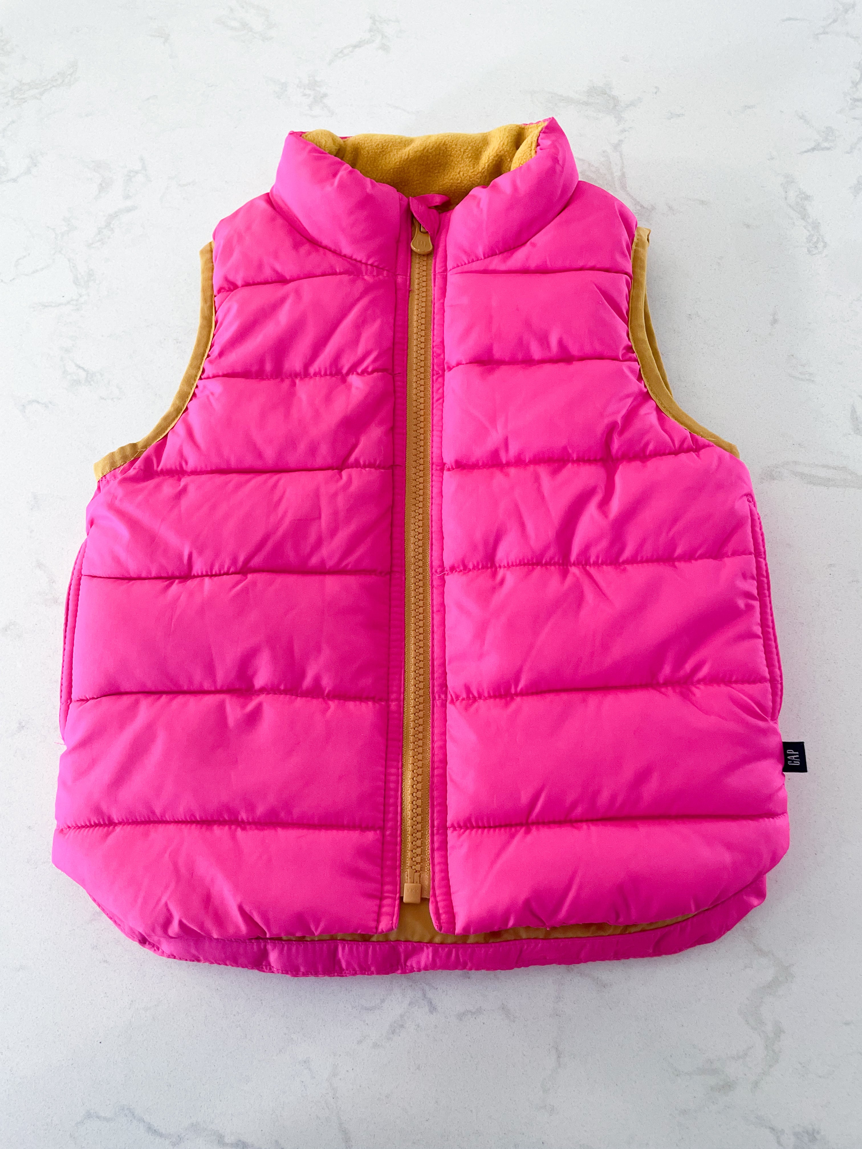 Gap-3T-VGUC-neon pink puffer vest with yellow lining