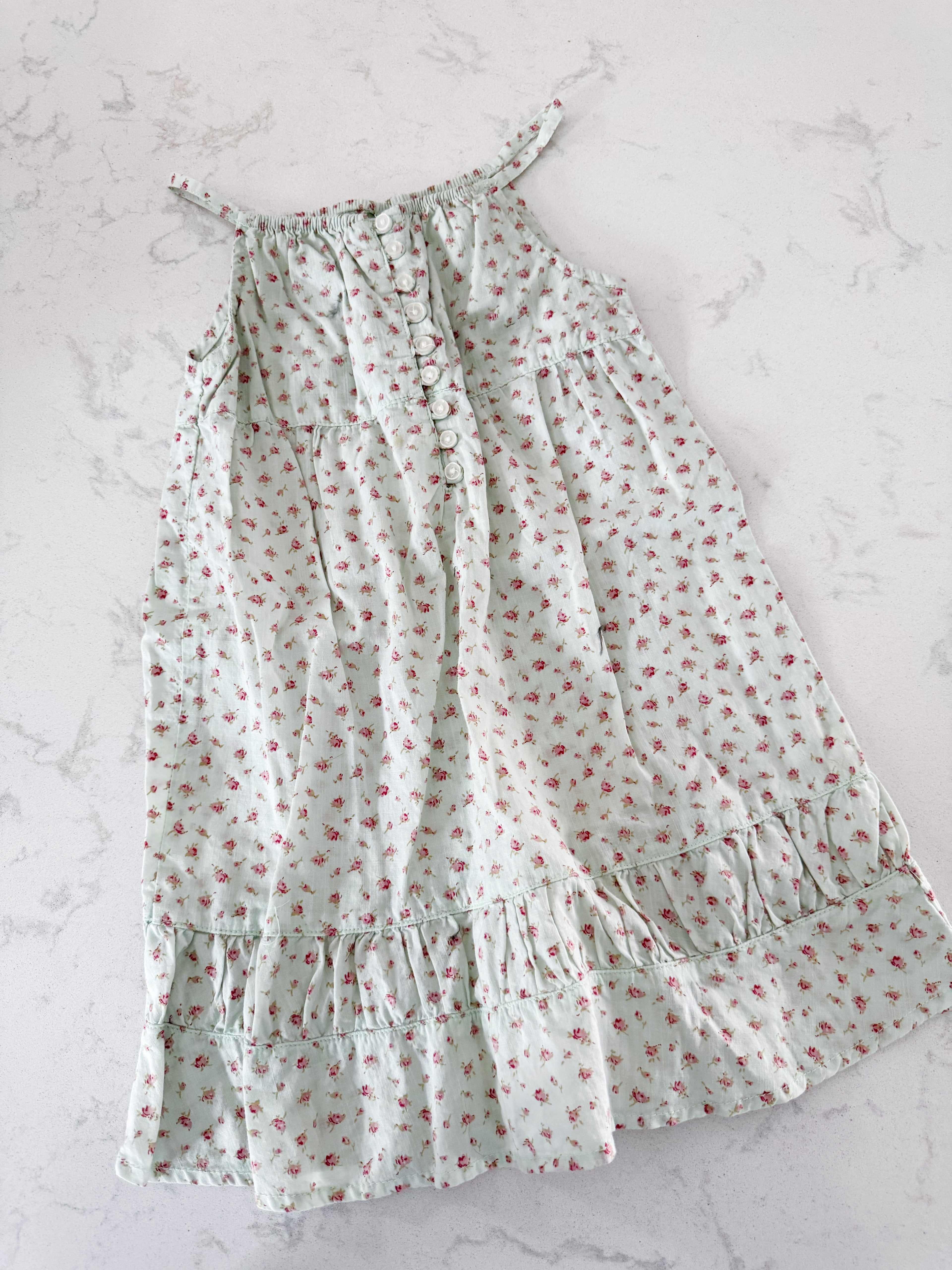 Gap(2007)- 5T- PLAY- mint green tint floral dress with buttons.