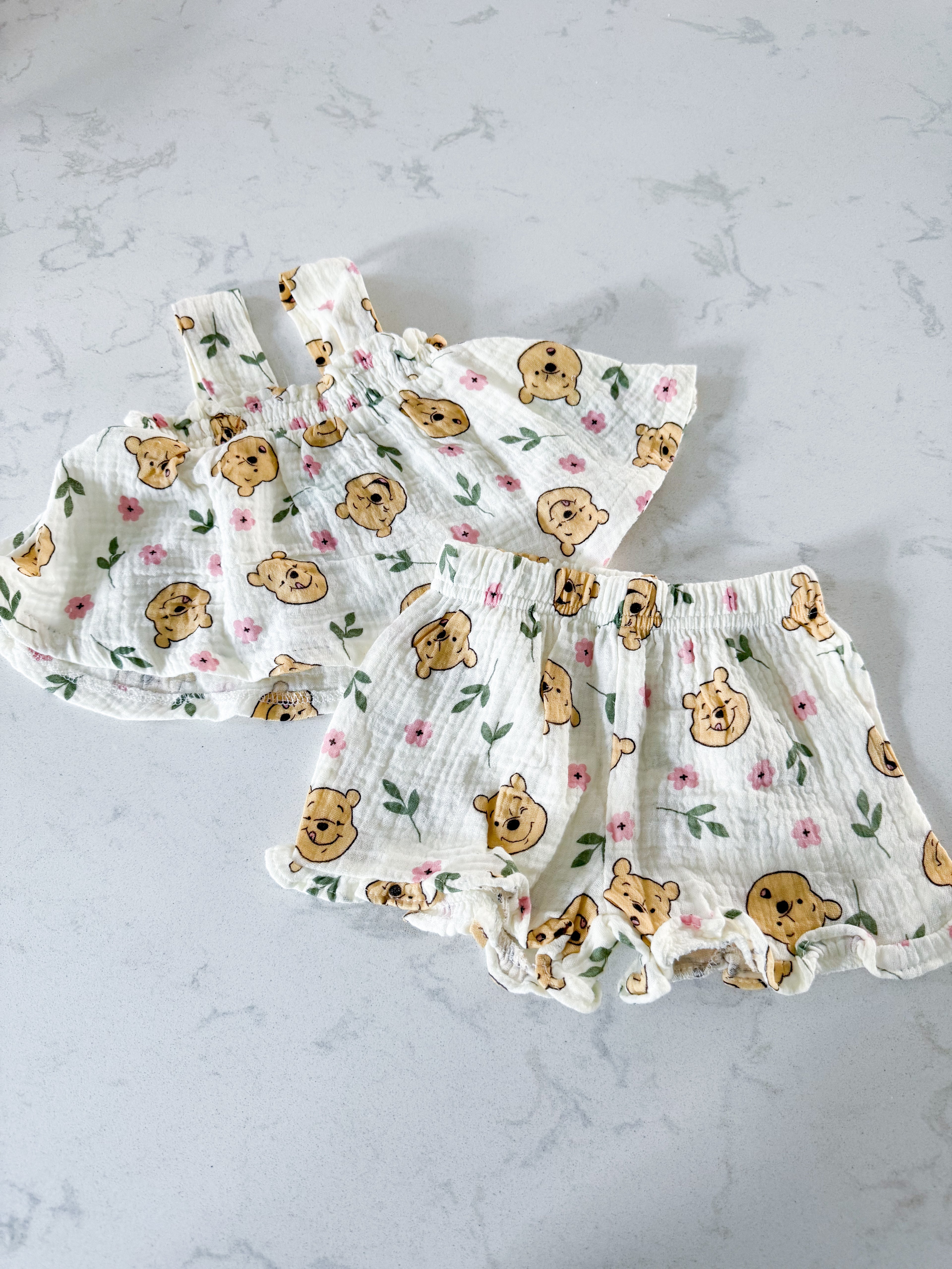 Disney Baby- 6-9m- BNWT- two piece off white muslin set with Winnie the Pooh and florals