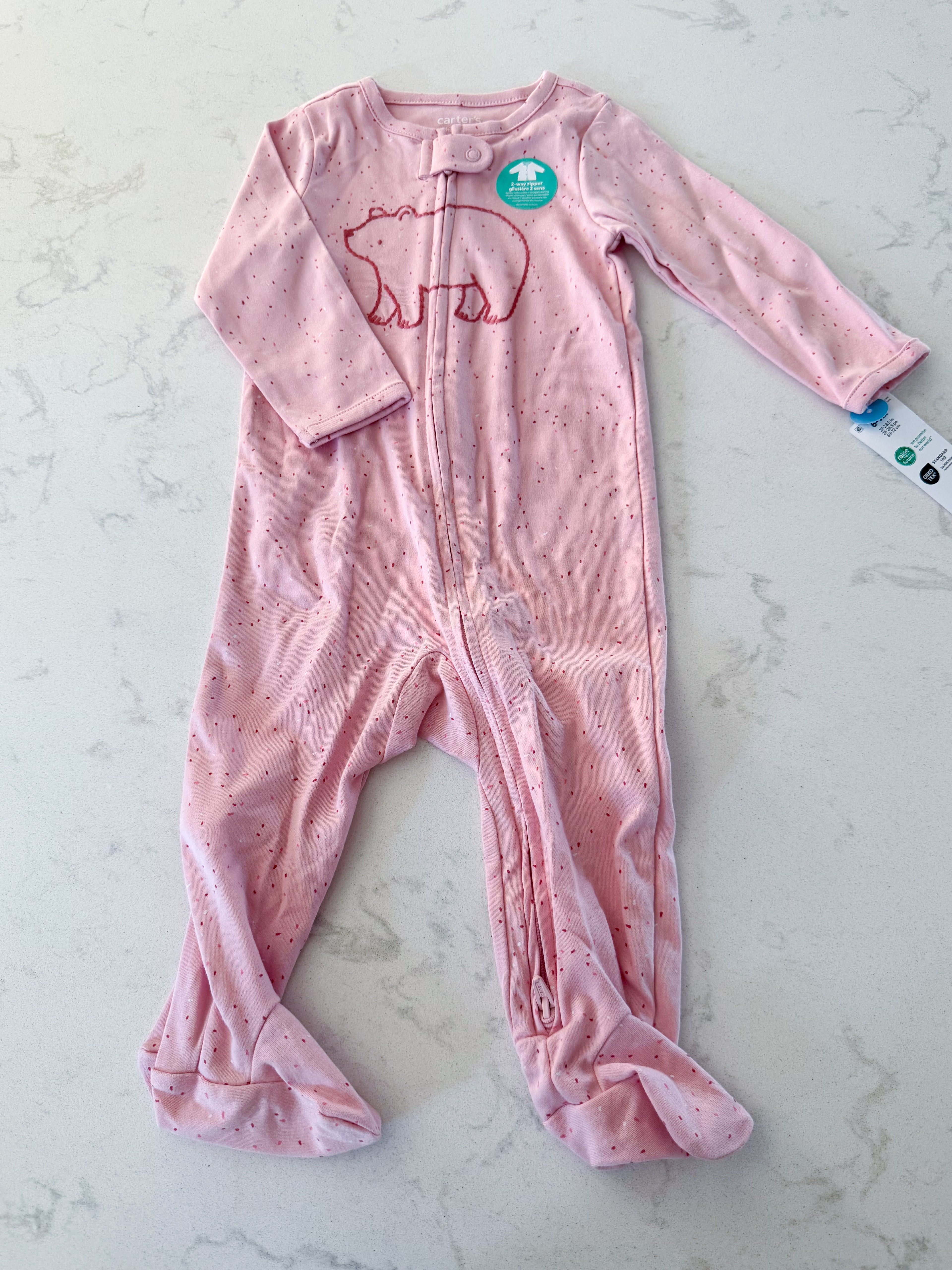 Carter’s- 6-9m- BNWT- pink footie pajamas with stitched bear