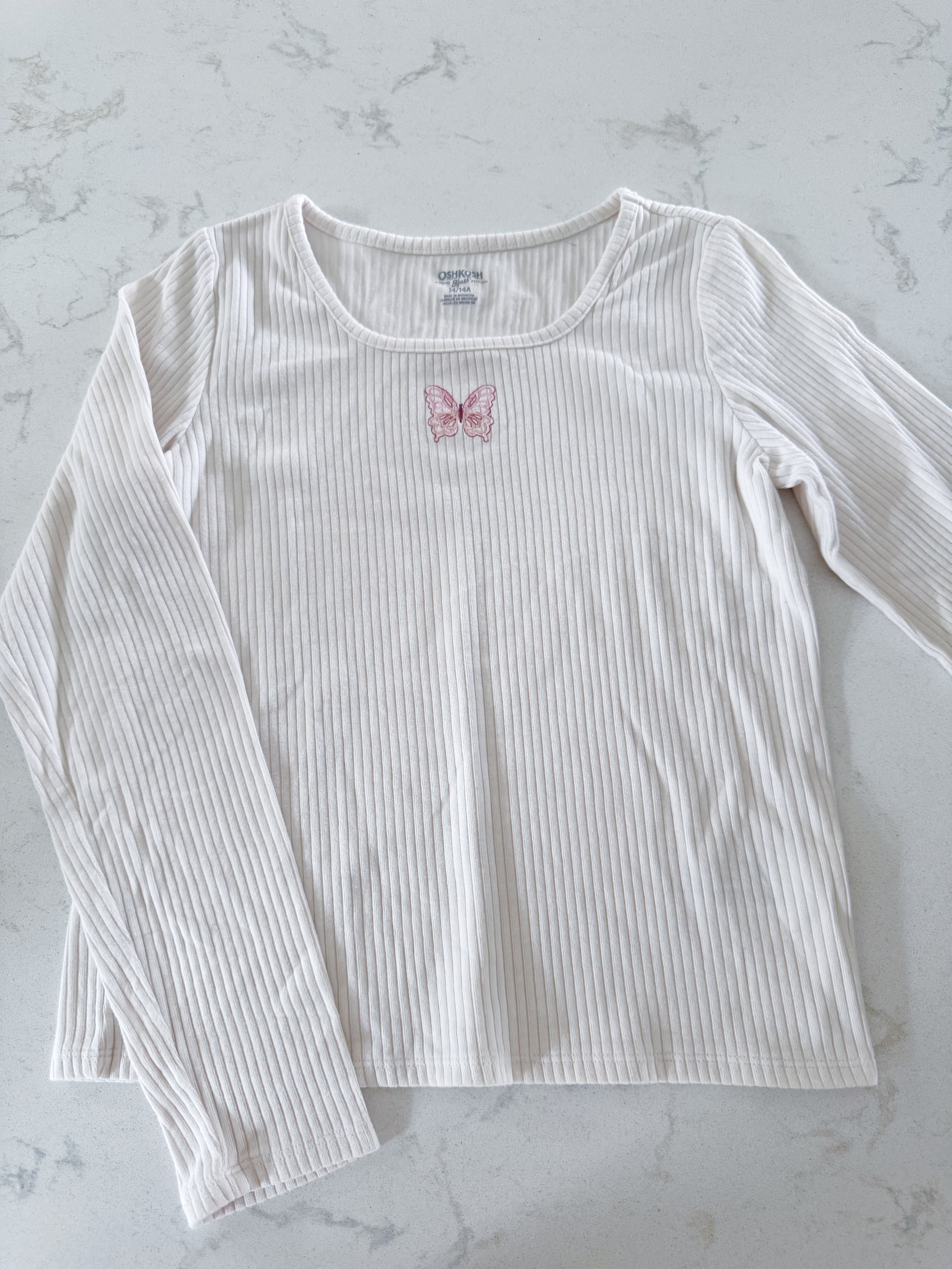 Carters- 14Y- GUC- white ribbed long sleeve shirt with embroidered butterfly