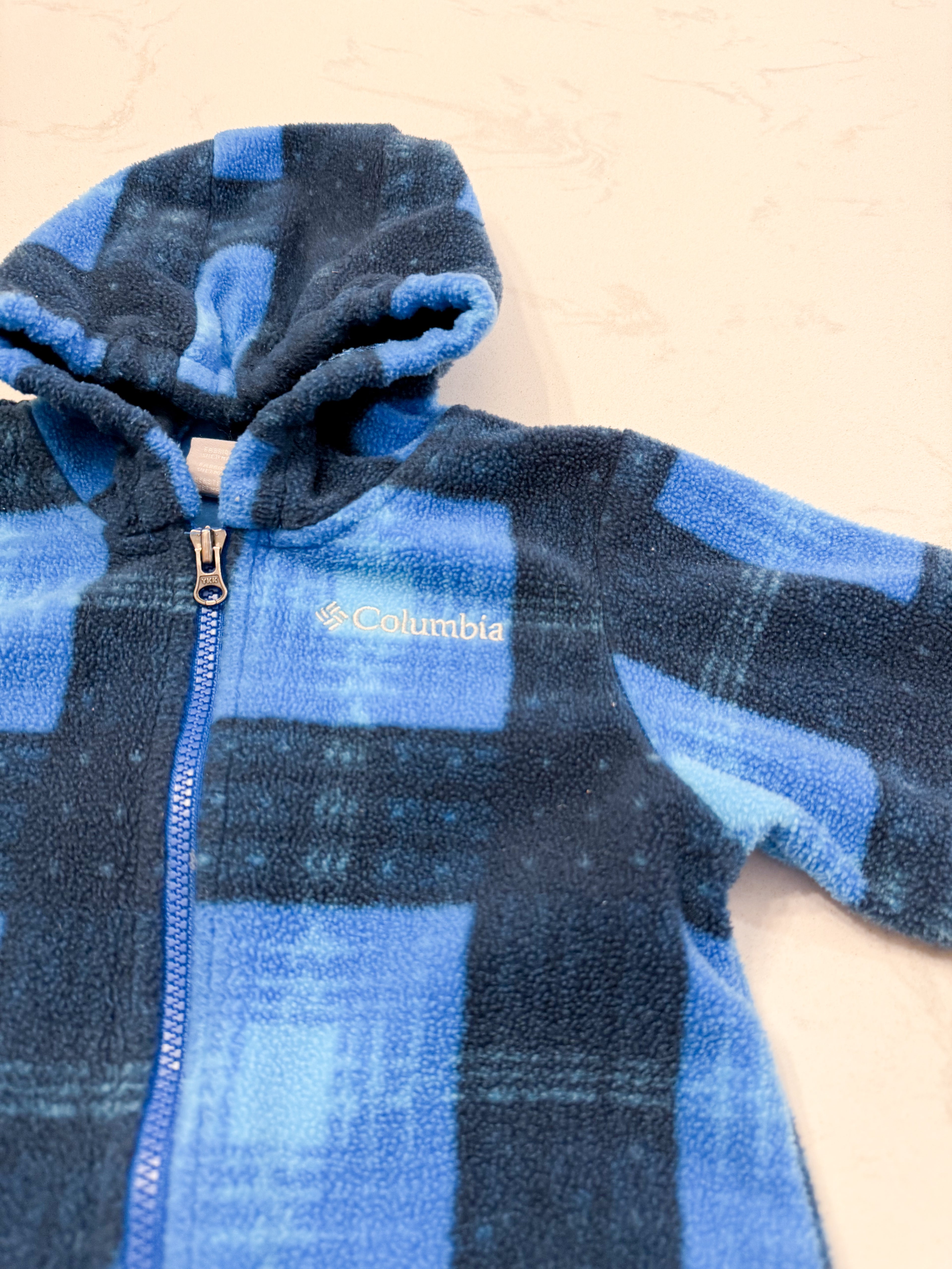 Columbia-6-12m- GUC- blue and black plaid fleece bunting suit