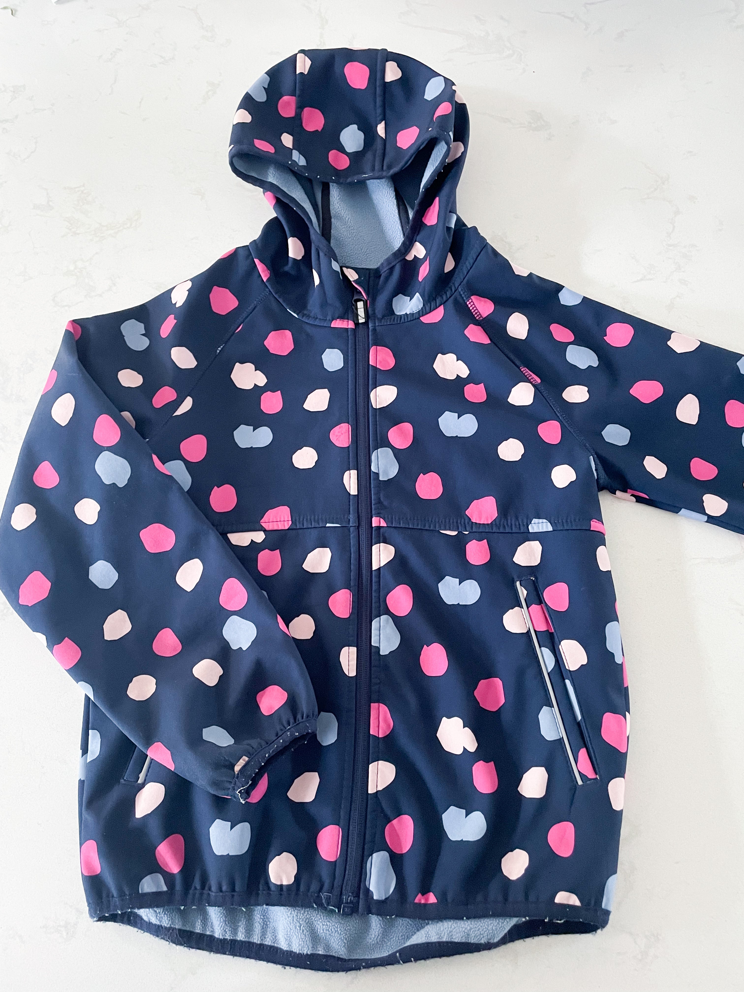 George-7-8Y-PLAY-soft shell navy fleece lined jacket with pink and purple polka dots
