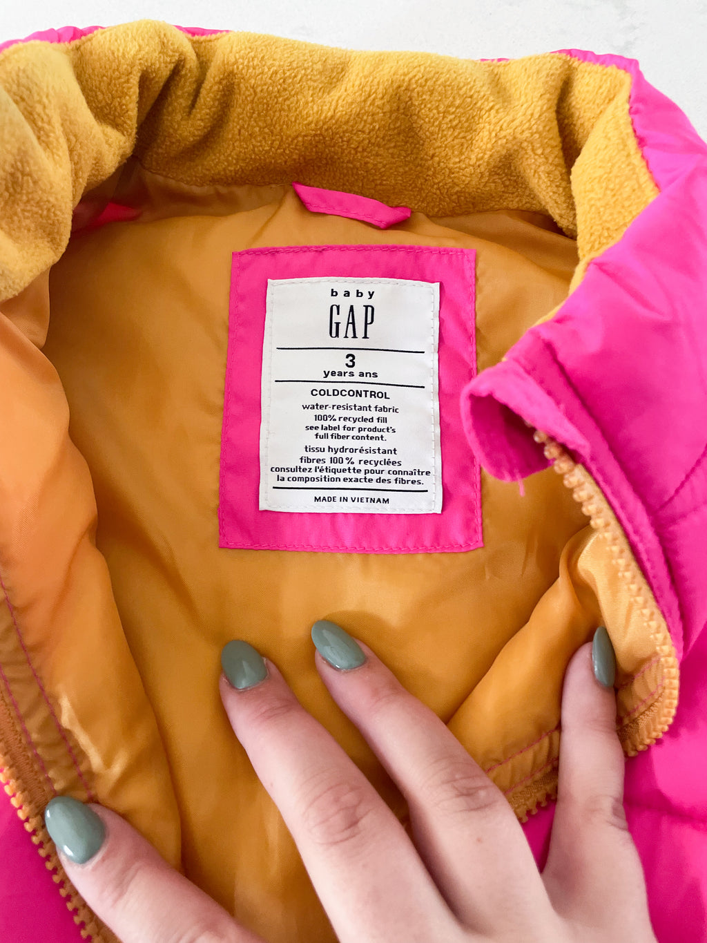 Gap-3T-VGUC-neon pink puffer vest with yellow lining