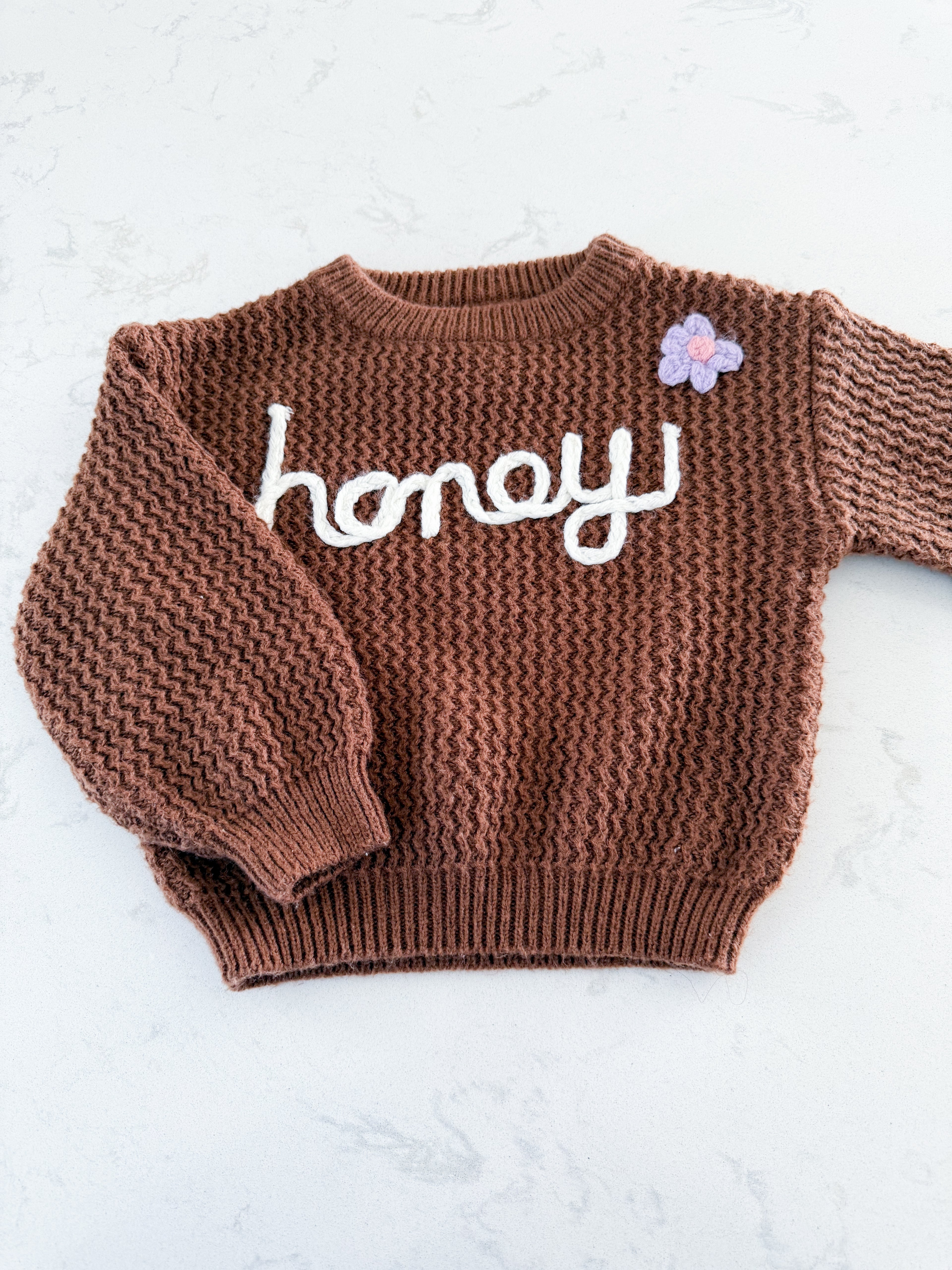 Homemade- 3T- GUC- Brown knit sweater with embroidered « honey »