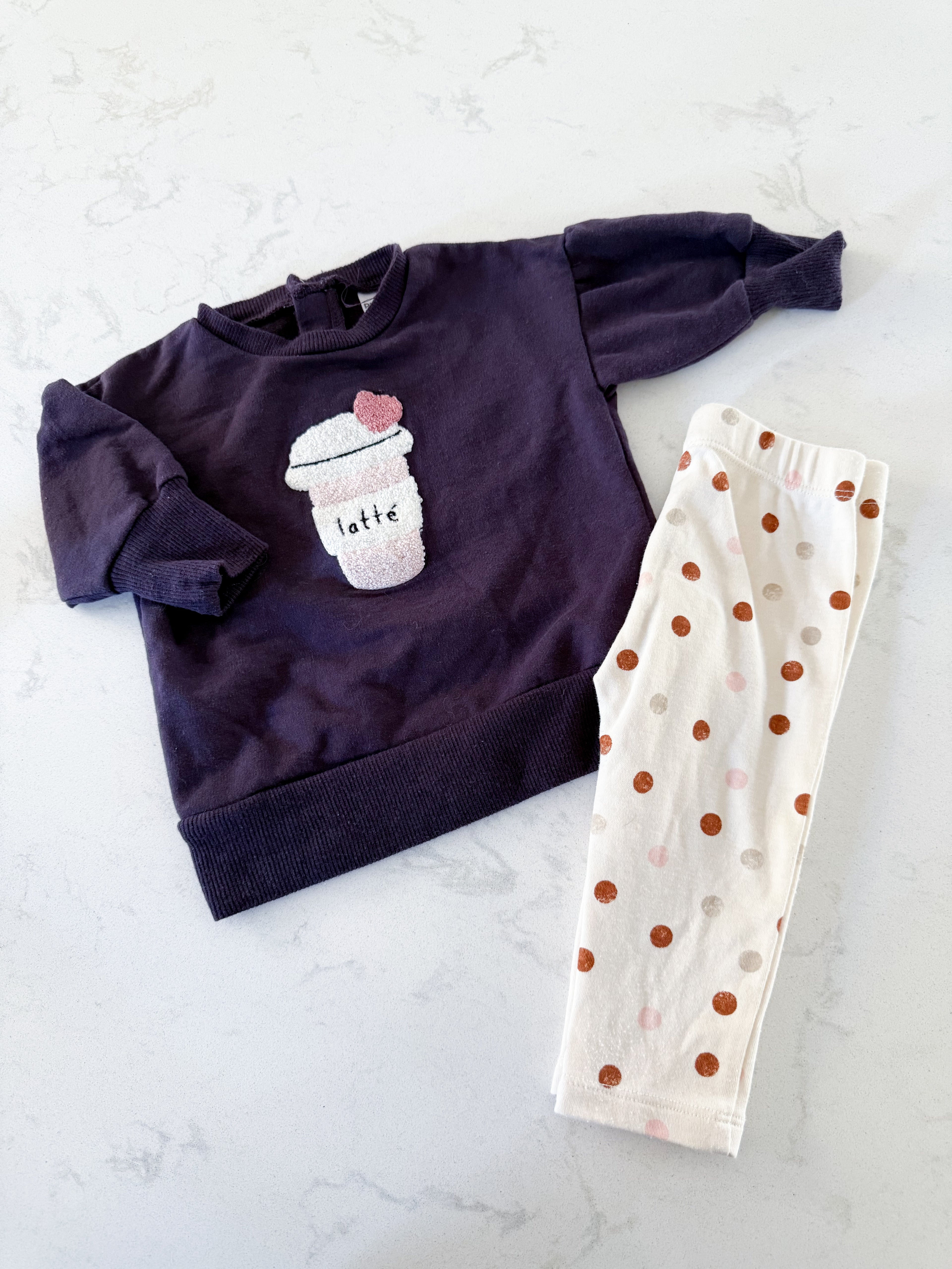 PL baby- 6-12m- GUC- dark purple latte crew with polka dot leggings